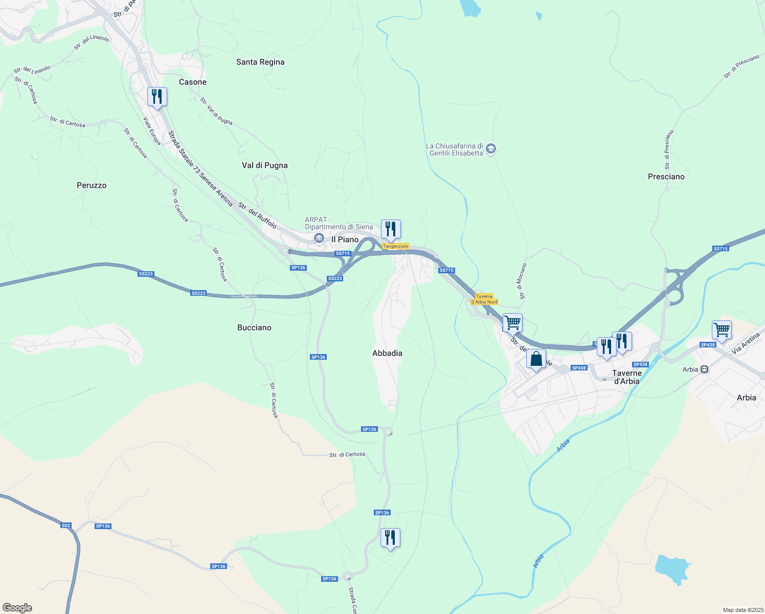 map of restaurants, bars, coffee shops, grocery stores, and more near 49 Strada di Renaccio in Abbadia