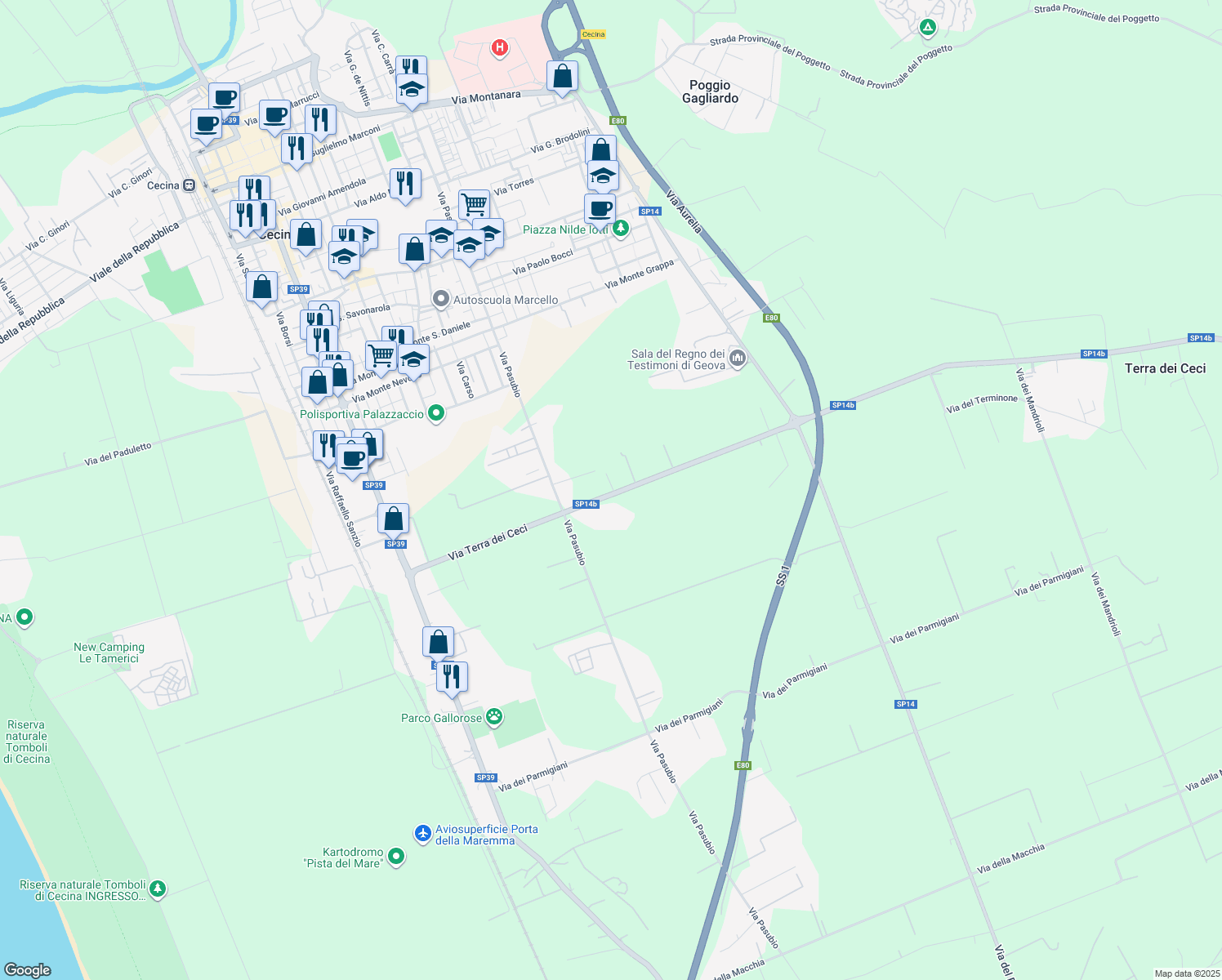 map of restaurants, bars, coffee shops, grocery stores, and more near 1A Via Terra dei Ceci in Provincia di Livorno