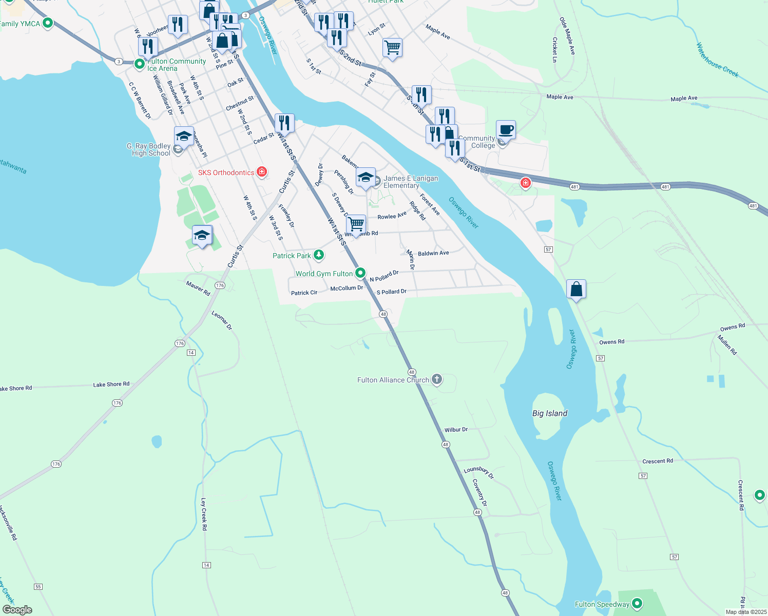 map of restaurants, bars, coffee shops, grocery stores, and more near 1118 New York 48 in Fulton