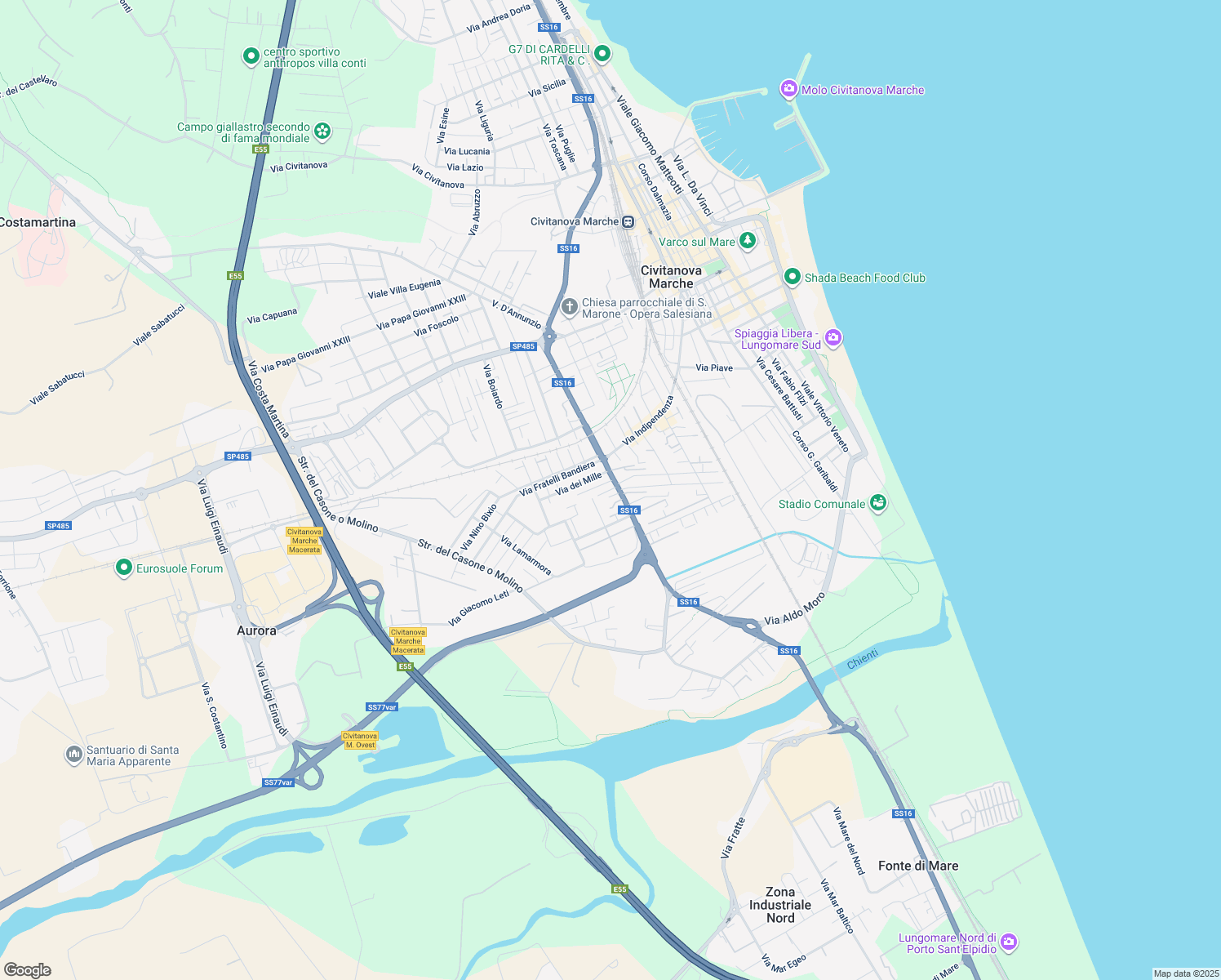map of restaurants, bars, coffee shops, grocery stores, and more near Via Missori in Civitanova Marche