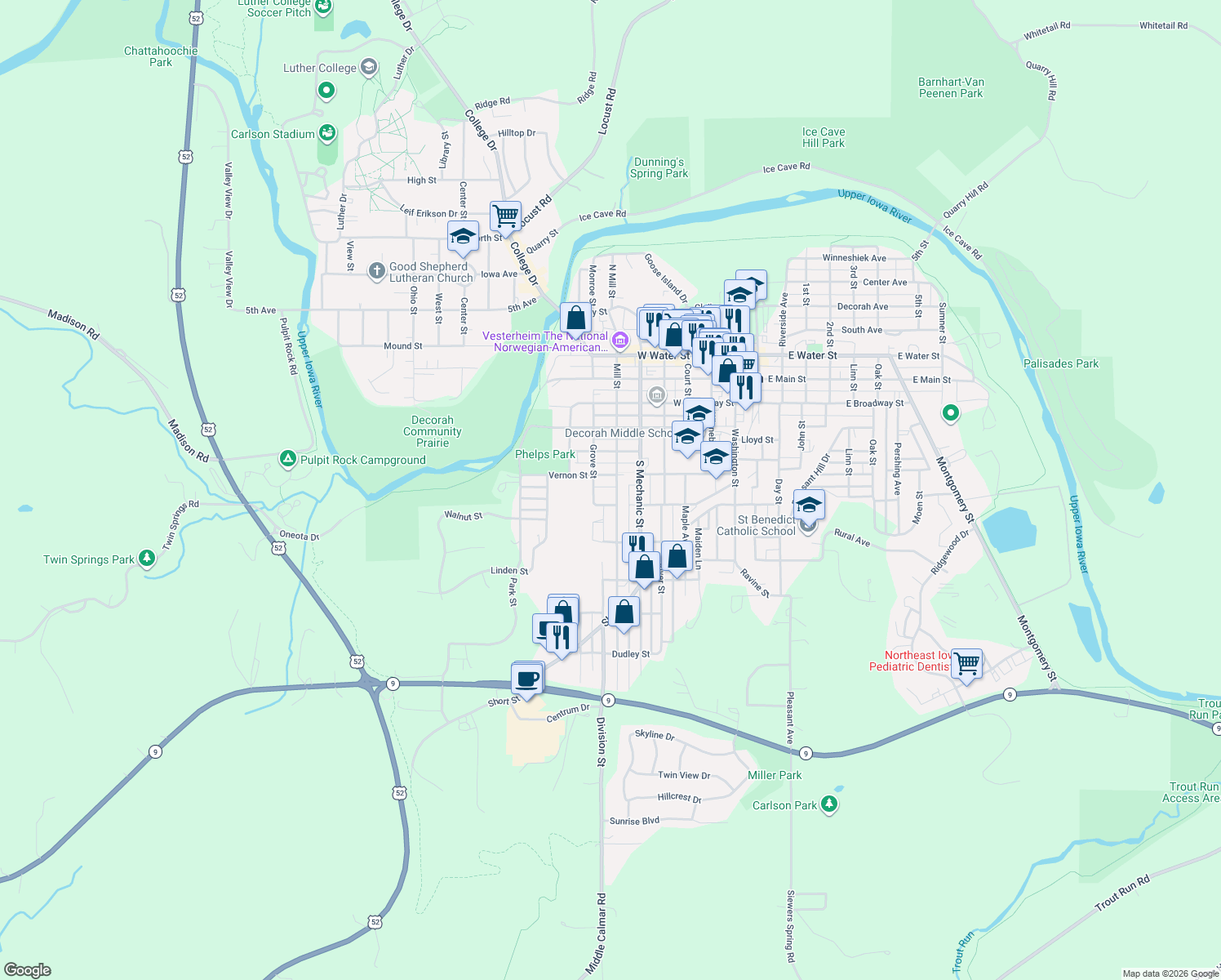 map of restaurants, bars, coffee shops, grocery stores, and more near 605 S Mill St in Decorah
