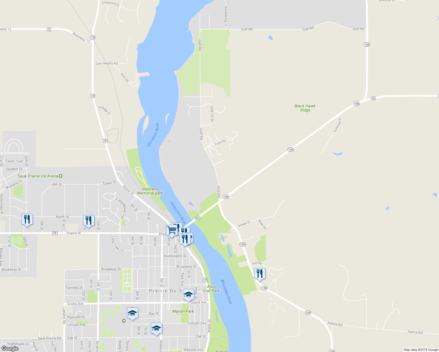 map of restaurants, bars, coffee shops, grocery stores, and more near N676 Golf Road in Prairie du Sac