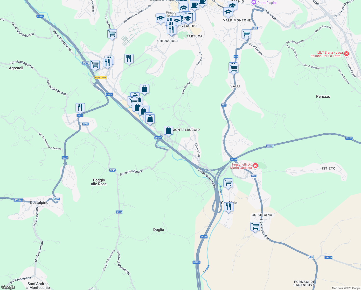 map of restaurants, bars, coffee shops, grocery stores, and more near in Siena
