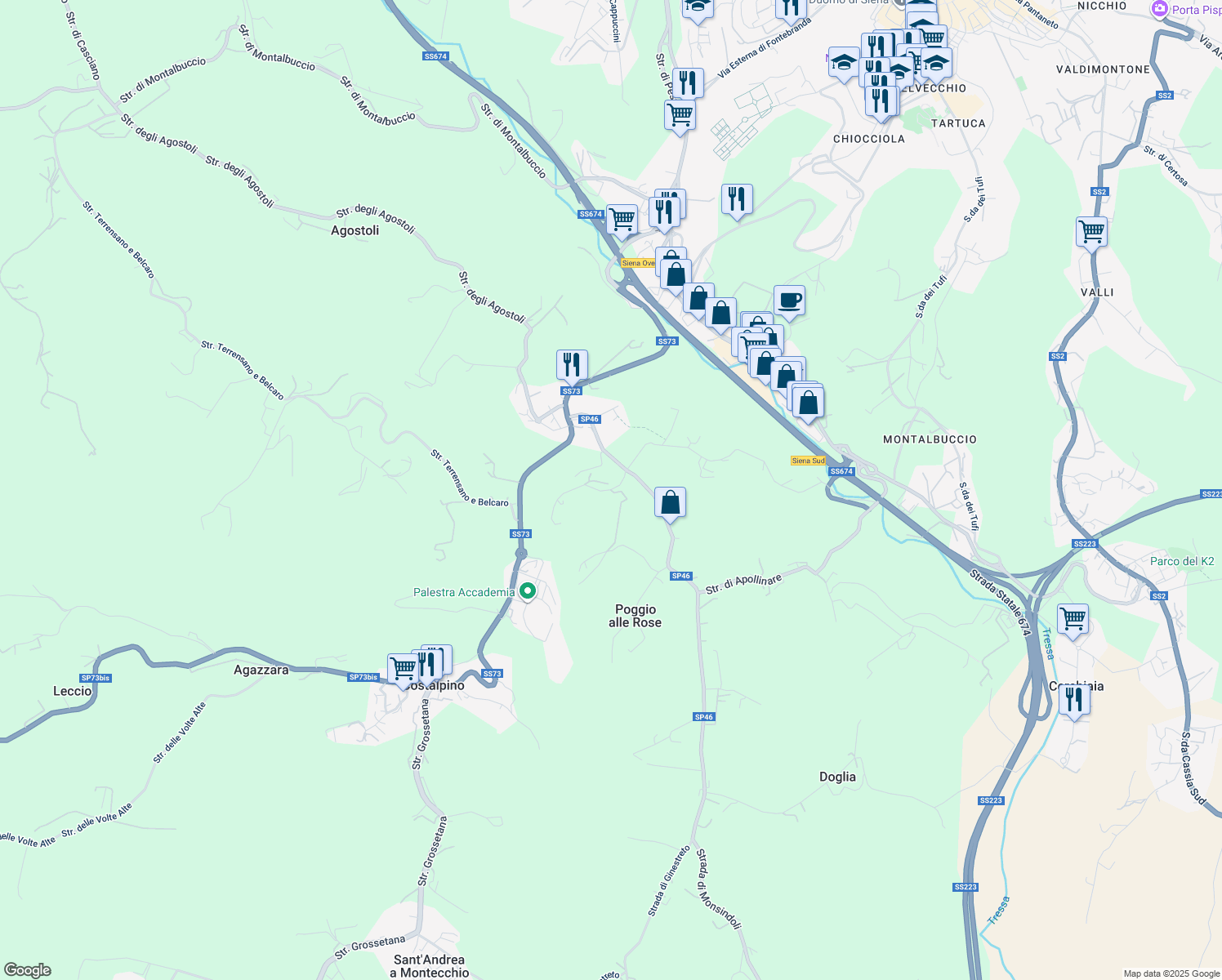 map of restaurants, bars, coffee shops, grocery stores, and more near 49 Strada di Monastero in Siena