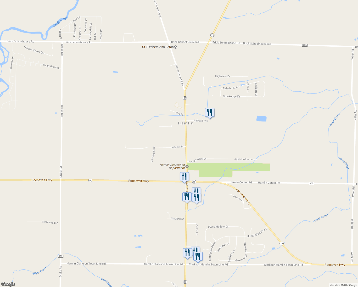 map of restaurants, bars, coffee shops, grocery stores, and more near 6 Hillcrest Drive in Hamlin