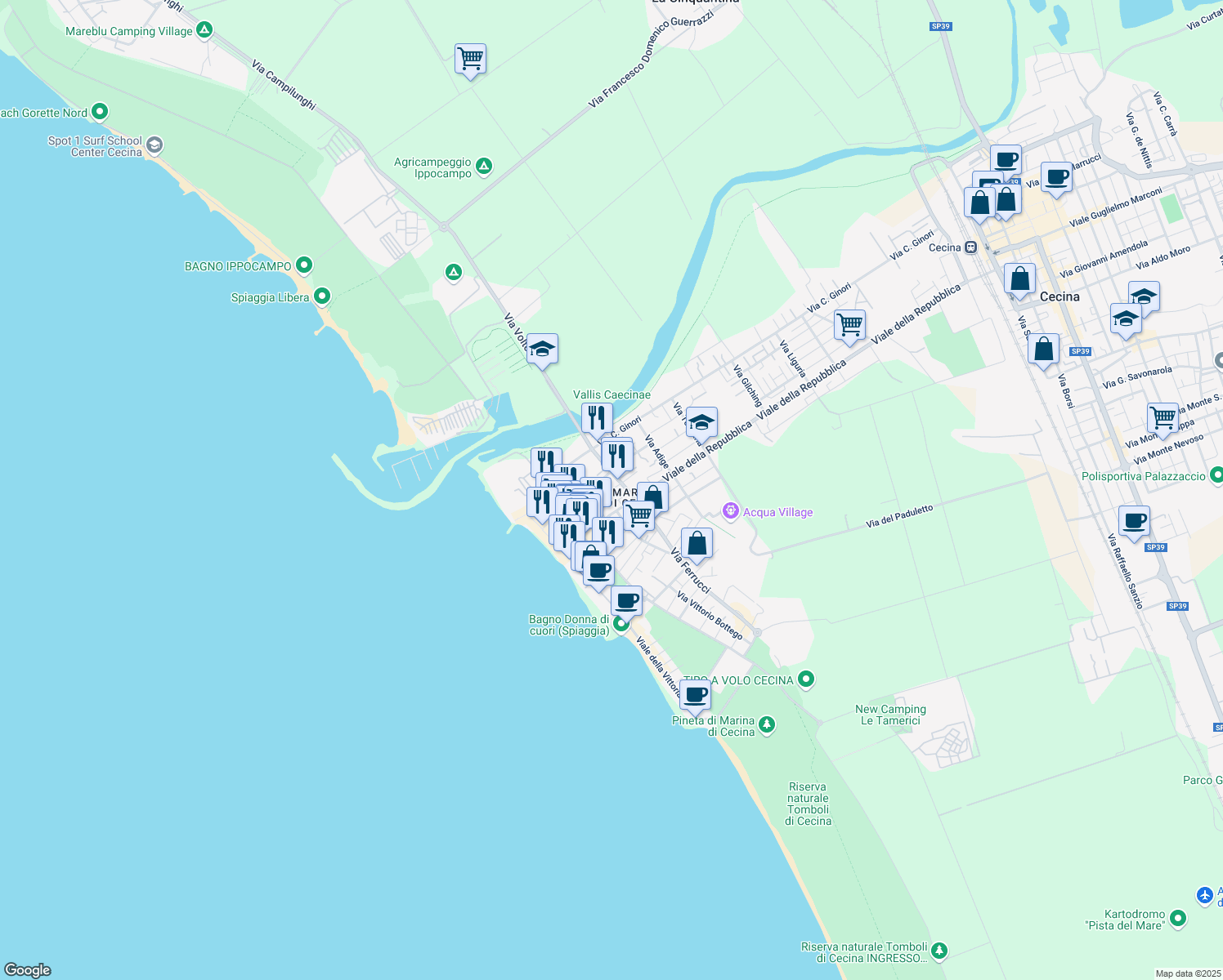 map of restaurants, bars, coffee shops, grocery stores, and more near 182 Viale della Repubblica in Cecina