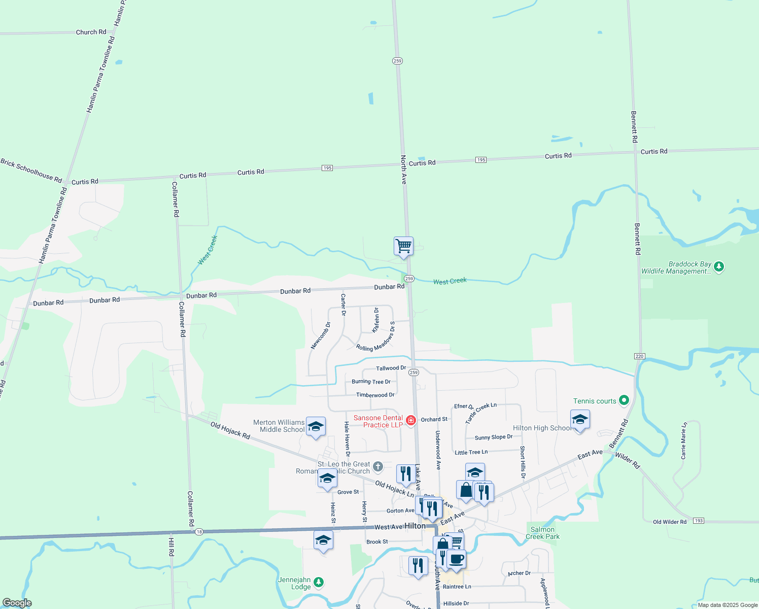 map of restaurants, bars, coffee shops, grocery stores, and more near 16 Rolling Meadows Drive North in Hilton