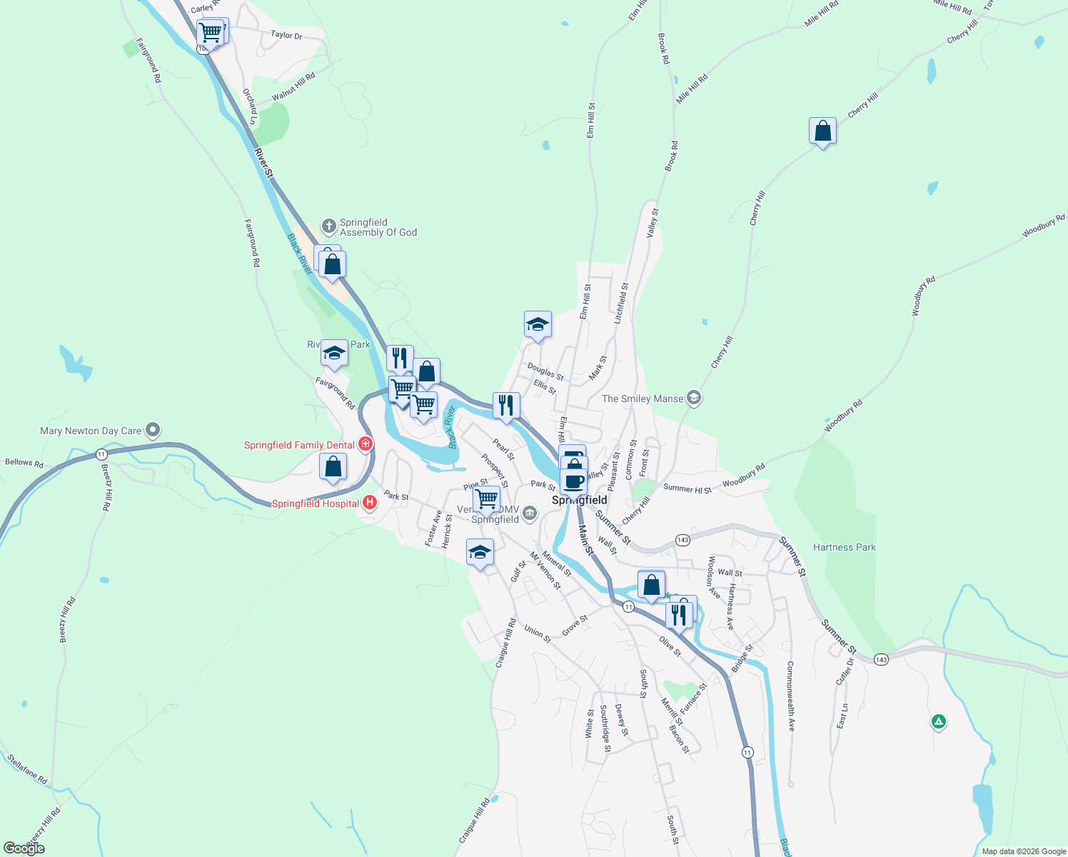 map of restaurants, bars, coffee shops, grocery stores, and more near 69 River St in Springfield