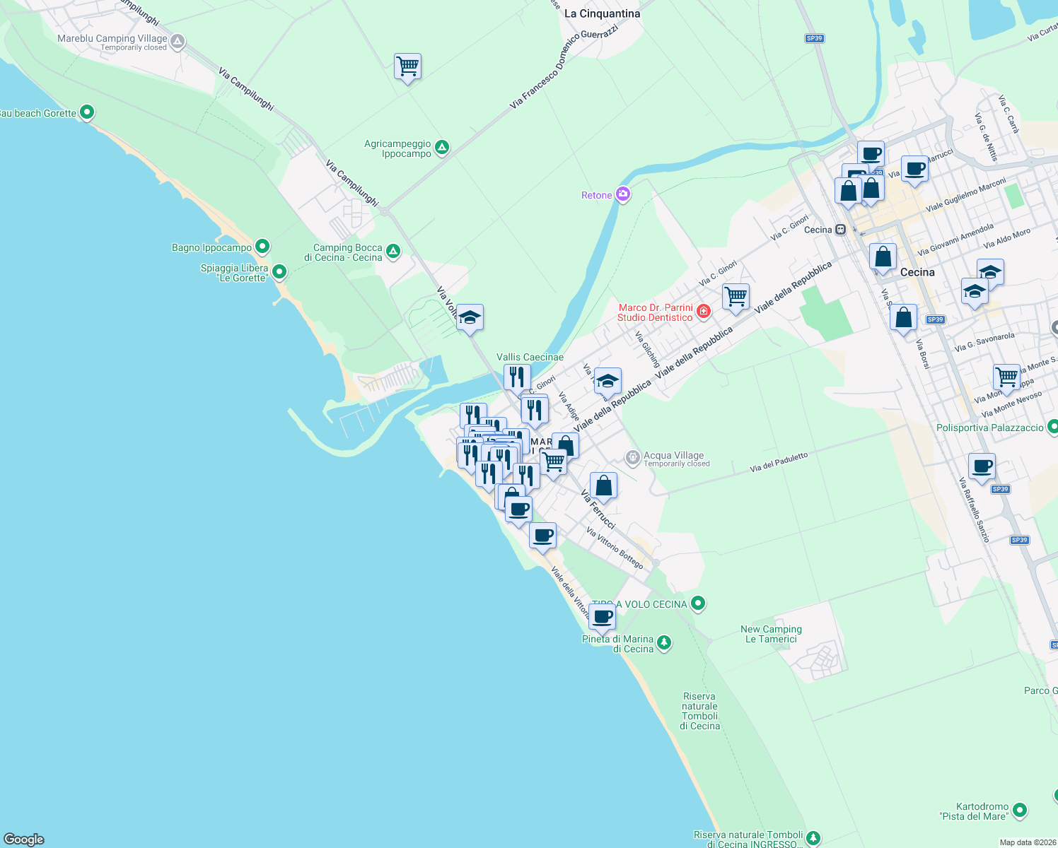 map of restaurants, bars, coffee shops, grocery stores, and more near 7 Via Sforza in Cecina