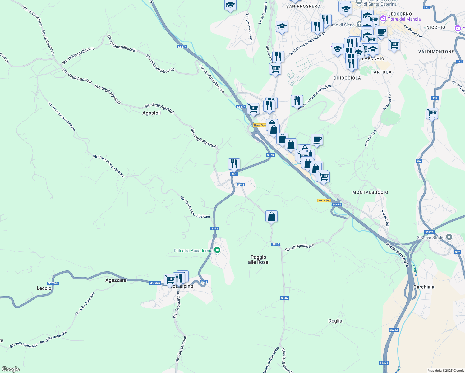 map of restaurants, bars, coffee shops, grocery stores, and more near 28 SS73 in Siena
