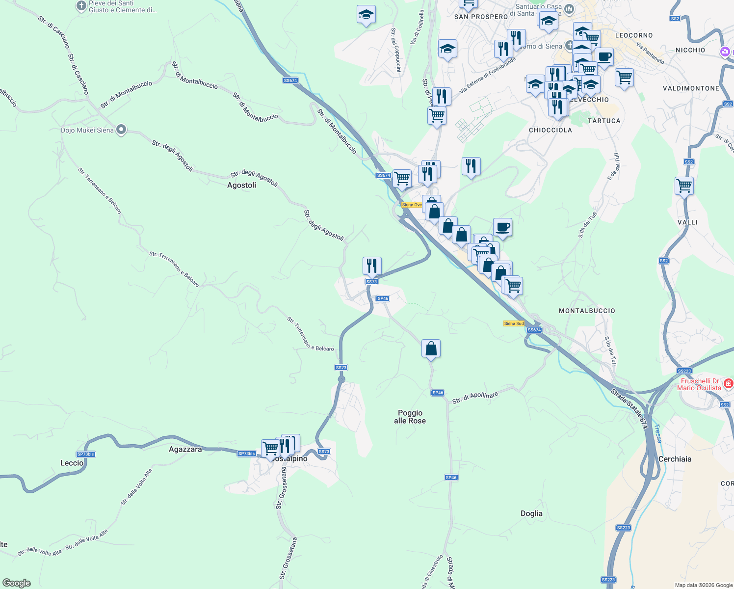 map of restaurants, bars, coffee shops, grocery stores, and more near 27 Strada Statale 73 Senese Aretina in Siena