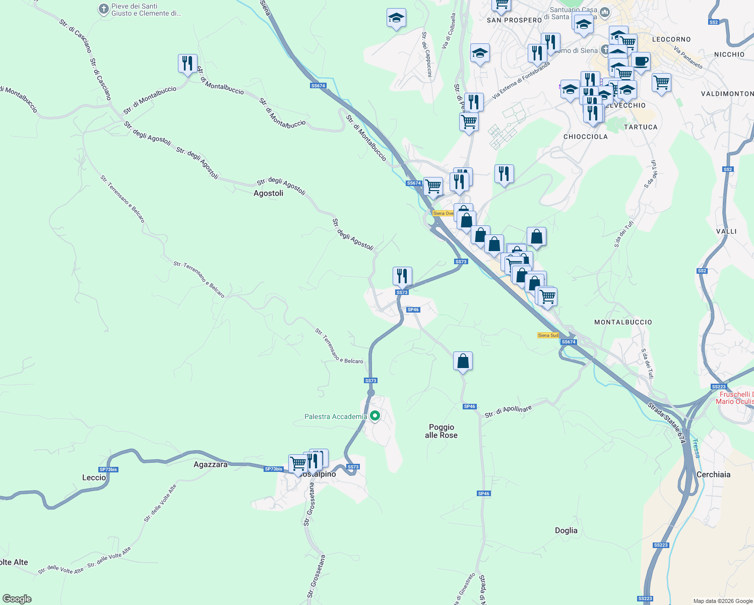 map of restaurants, bars, coffee shops, grocery stores, and more near in Siena