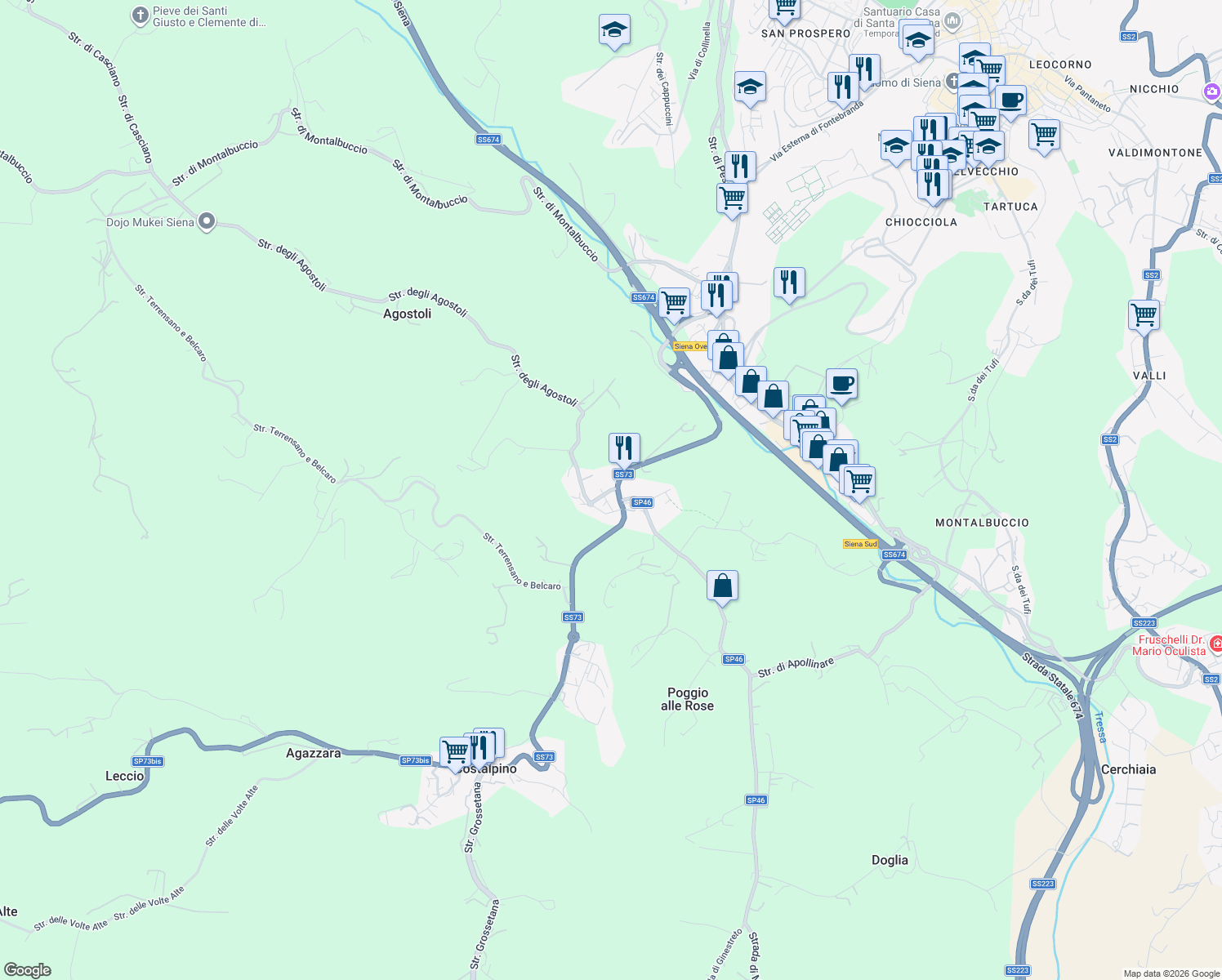 map of restaurants, bars, coffee shops, grocery stores, and more near 27 Strada Statale 73 Senese Aretina in Siena