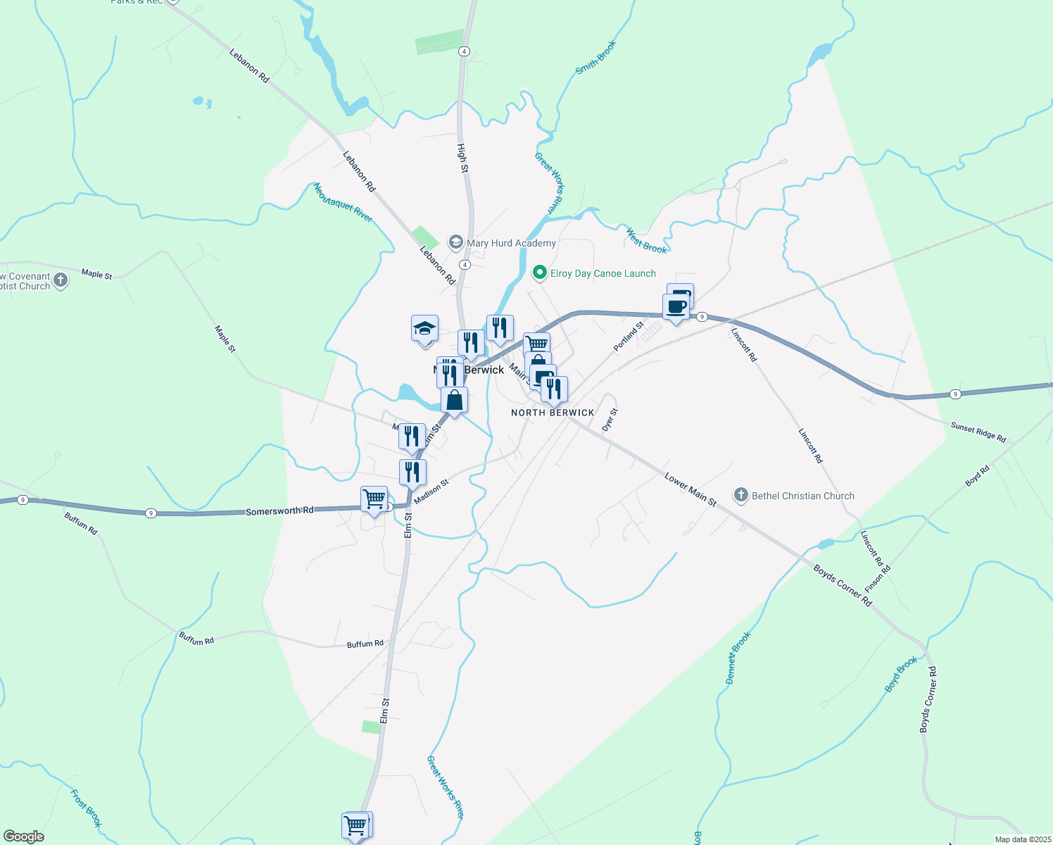 map of restaurants, bars, coffee shops, grocery stores, and more near 15 Mill Lane in North Berwick