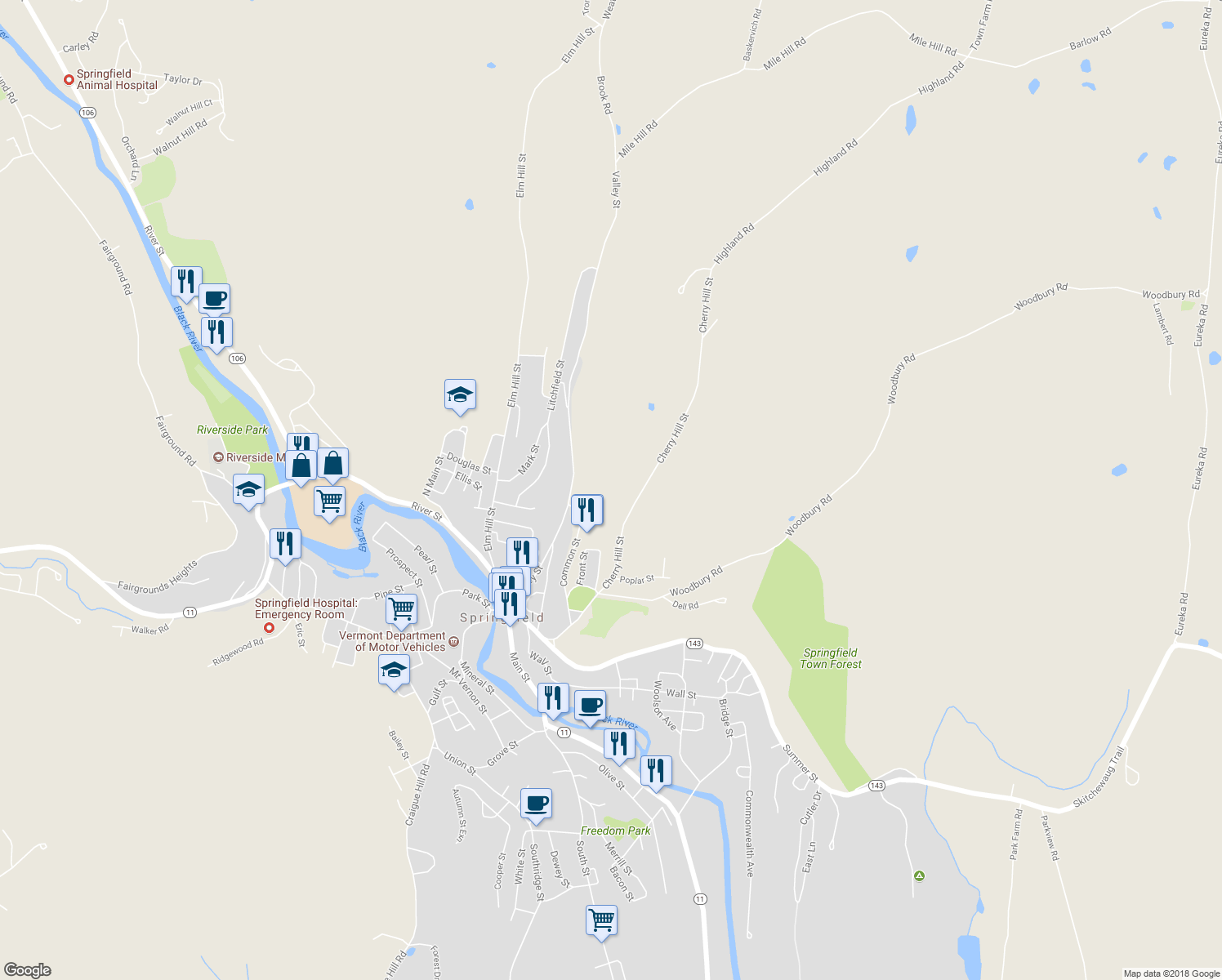 map of restaurants, bars, coffee shops, grocery stores, and more near 68 Cherry Hill Street in Springfield