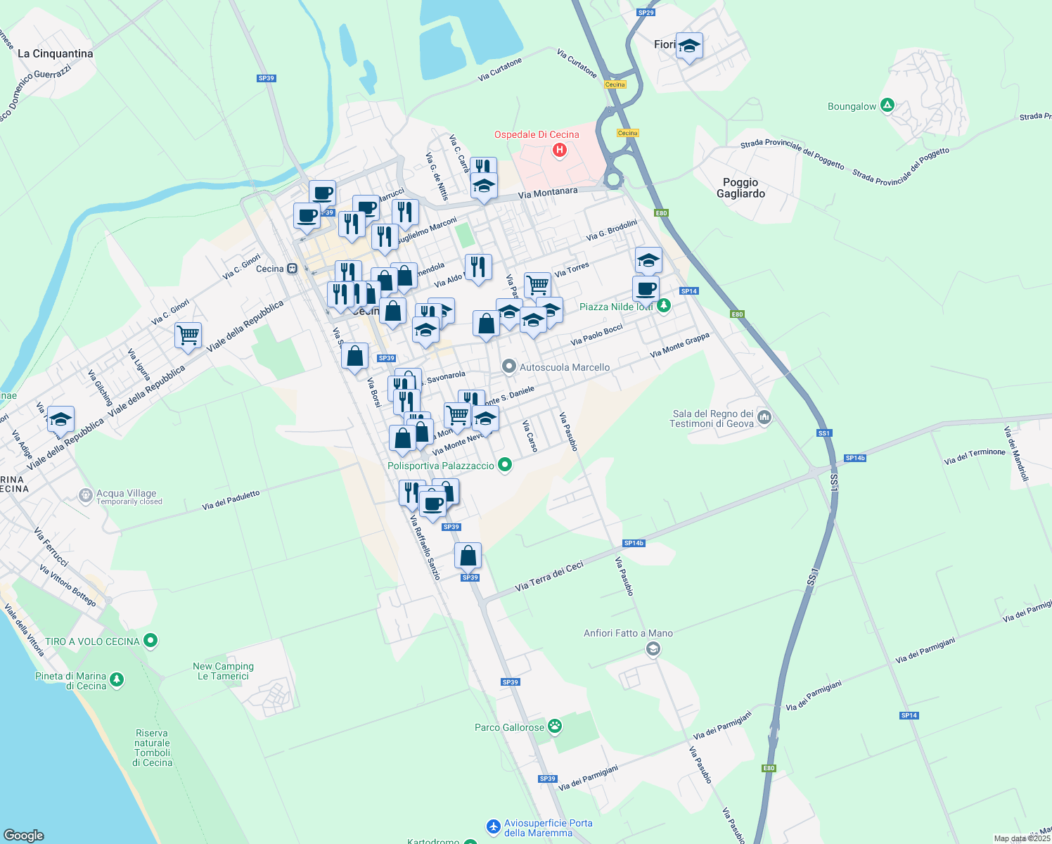 map of restaurants, bars, coffee shops, grocery stores, and more near 13 Via Carso in Cecina