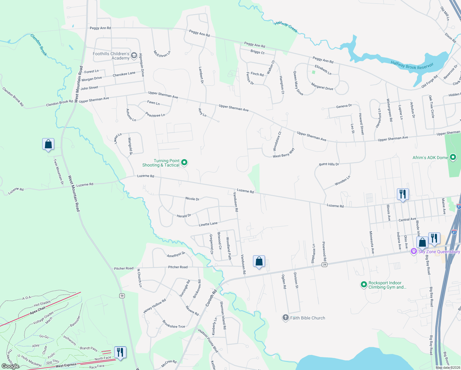 map of restaurants, bars, coffee shops, grocery stores, and more near 456 Luzerne Rd in Queensbury