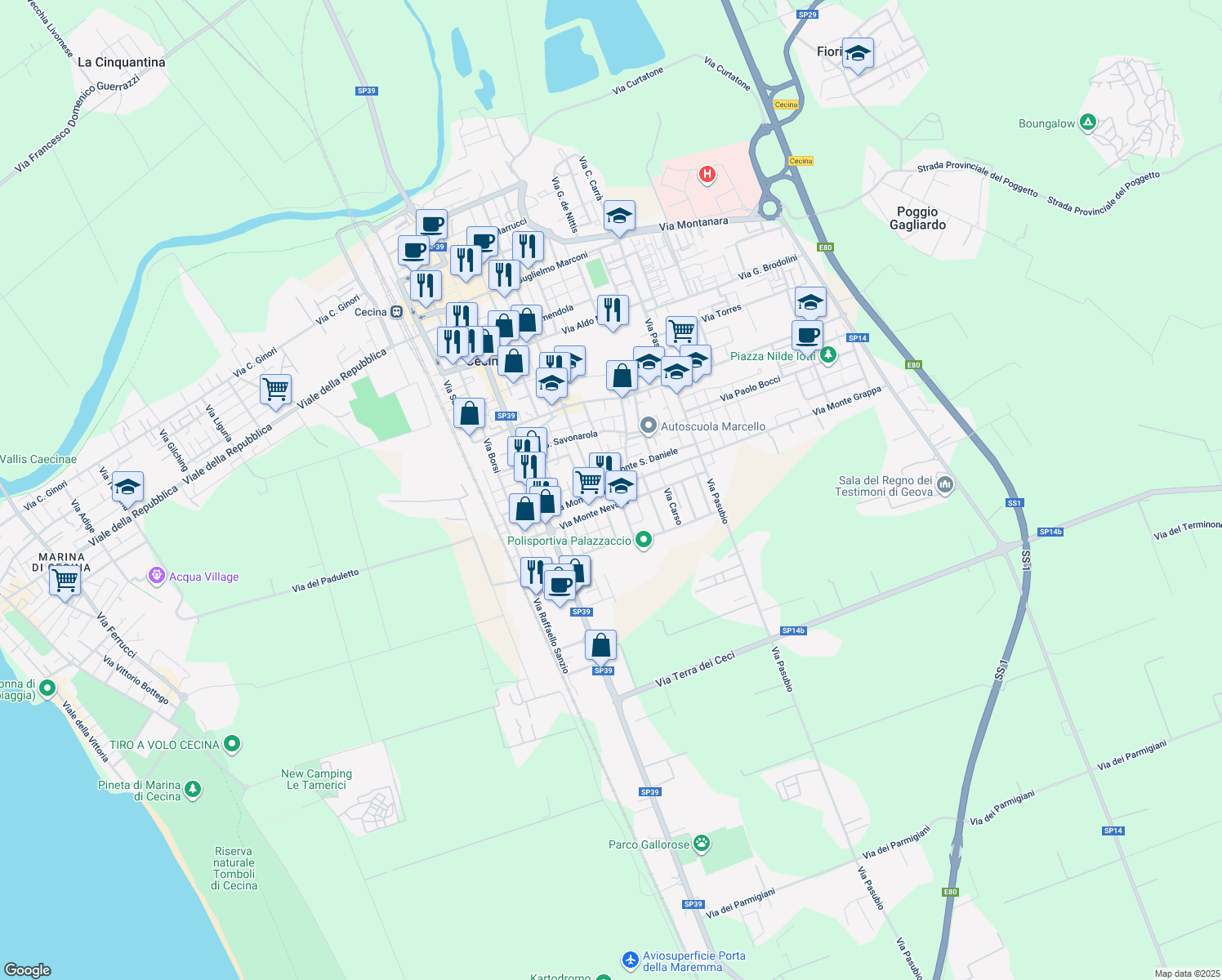 map of restaurants, bars, coffee shops, grocery stores, and more near 54 Via Montegrappa in Cecina