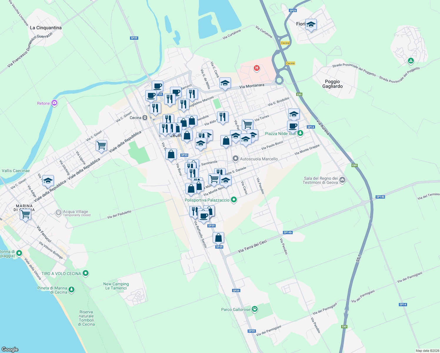 map of restaurants, bars, coffee shops, grocery stores, and more near 54 Via Montegrappa in Cecina