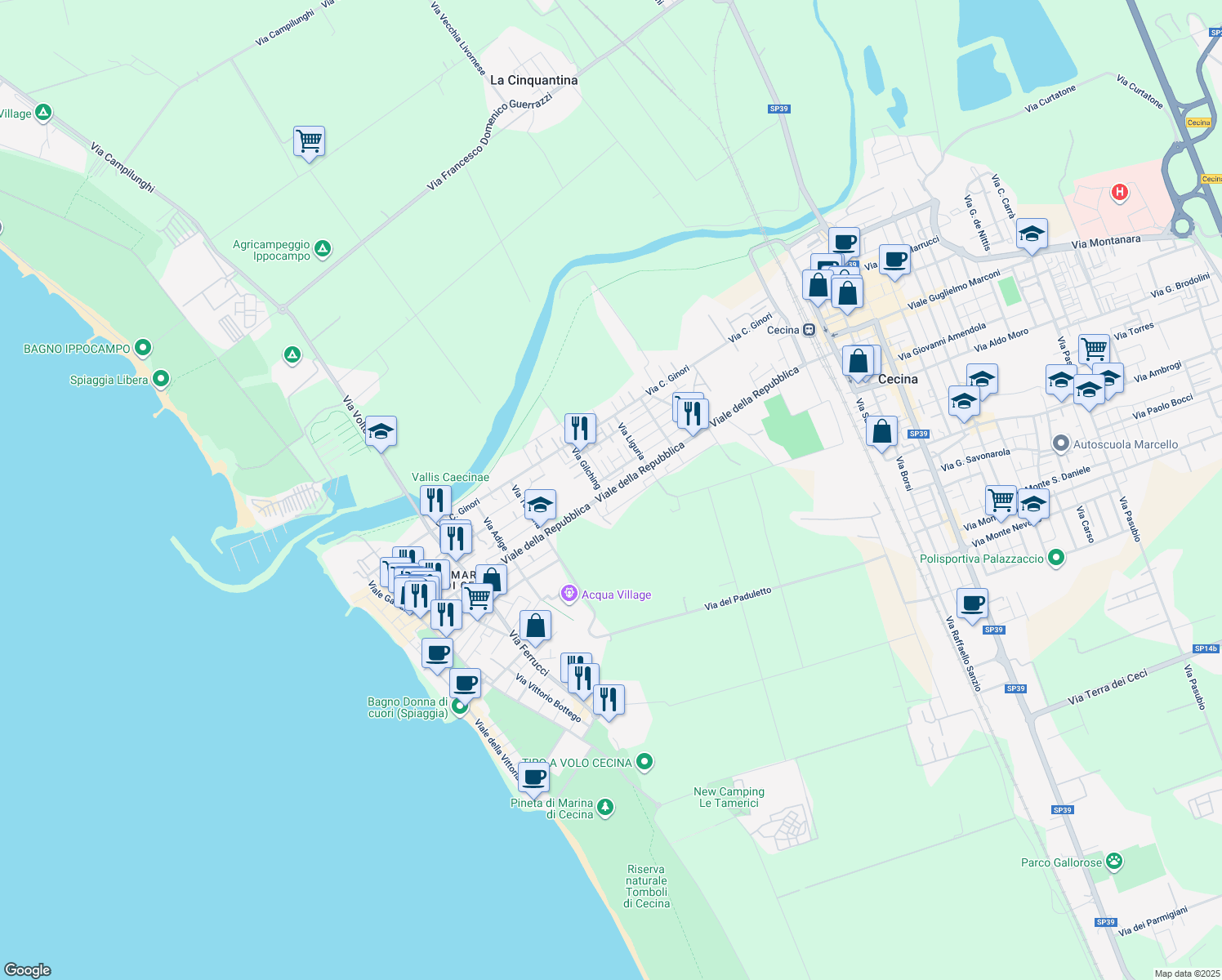 map of restaurants, bars, coffee shops, grocery stores, and more near 87 Viale della Repubblica in Cecina