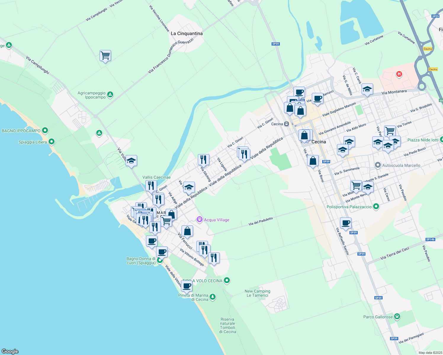 map of restaurants, bars, coffee shops, grocery stores, and more near 85-87 Viale della Repubblica in Cecina