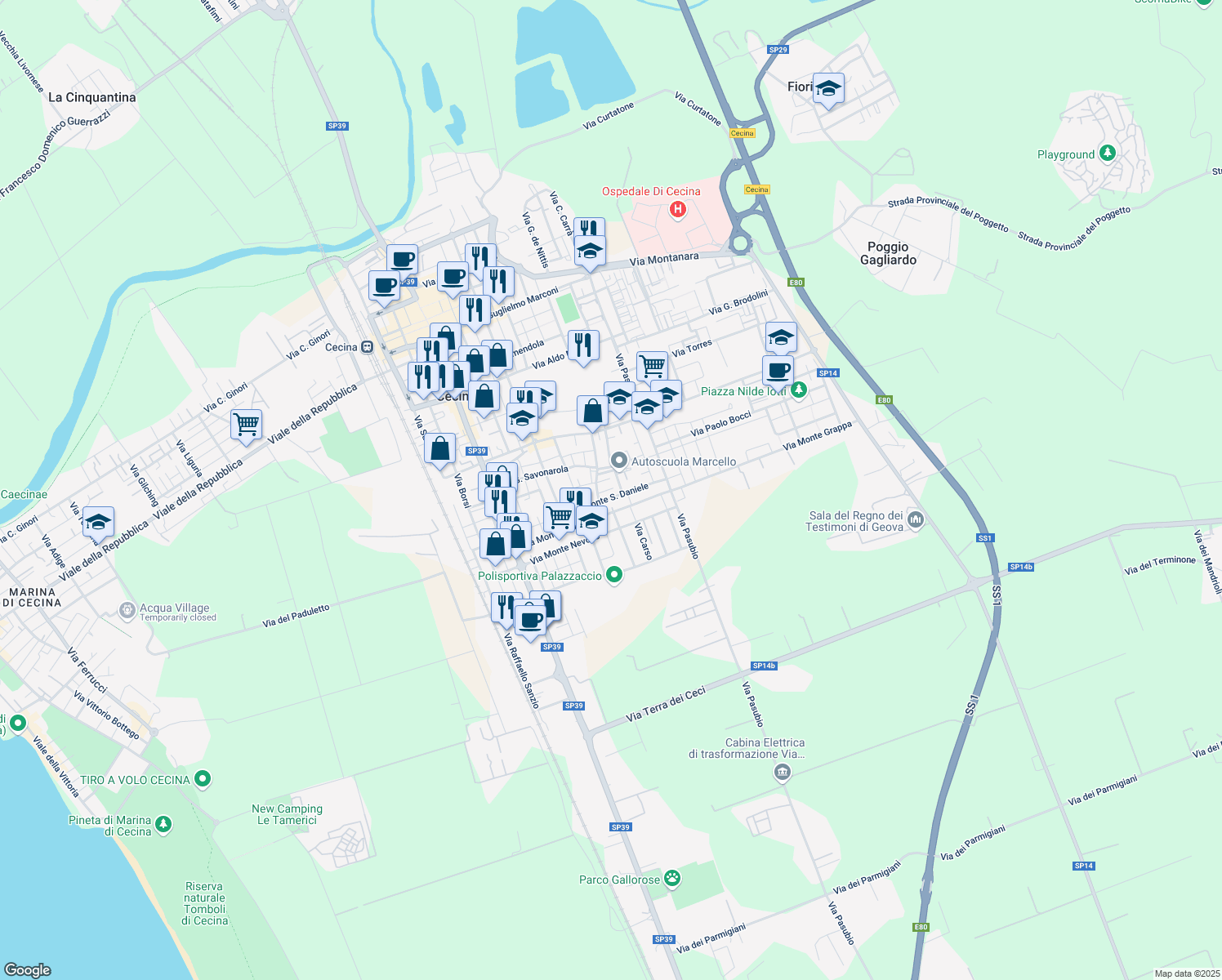 map of restaurants, bars, coffee shops, grocery stores, and more near 14 Via Lambruschini in Cecina