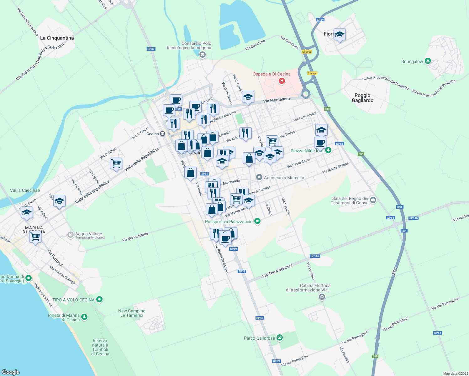 map of restaurants, bars, coffee shops, grocery stores, and more near 27A Via Renato Fucini in Cecina