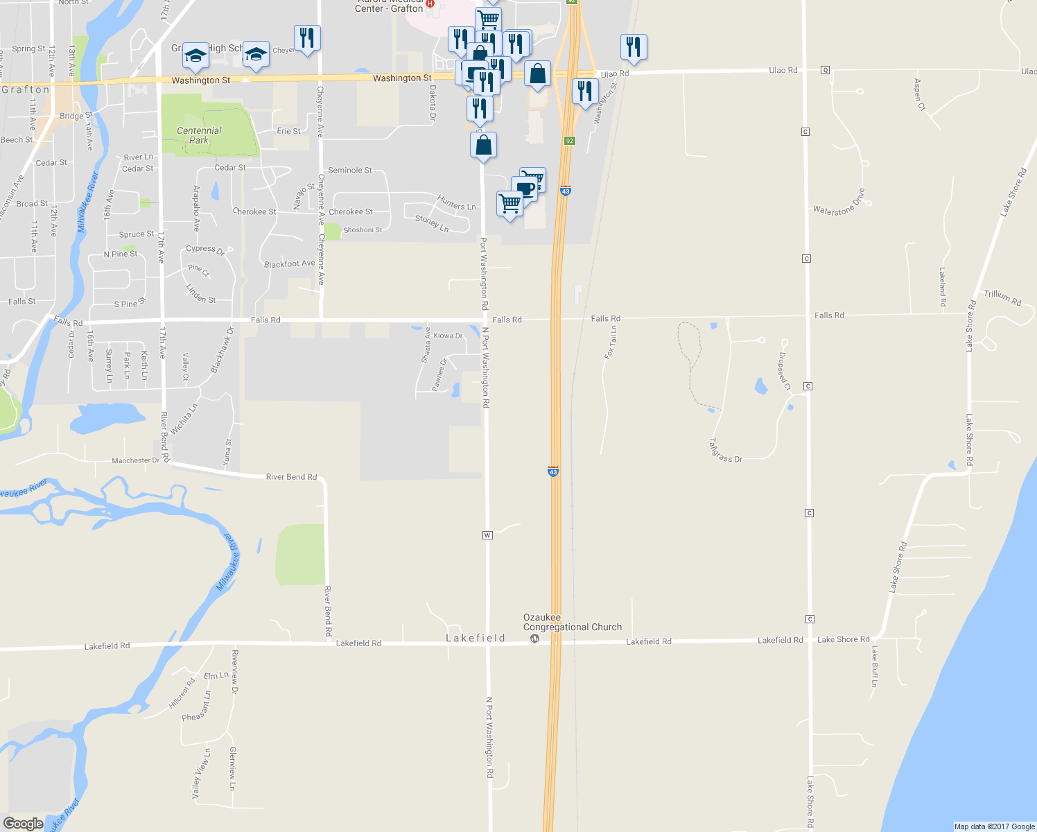 map of restaurants, bars, coffee shops, grocery stores, and more near 754 North Port Washington Road in Grafton