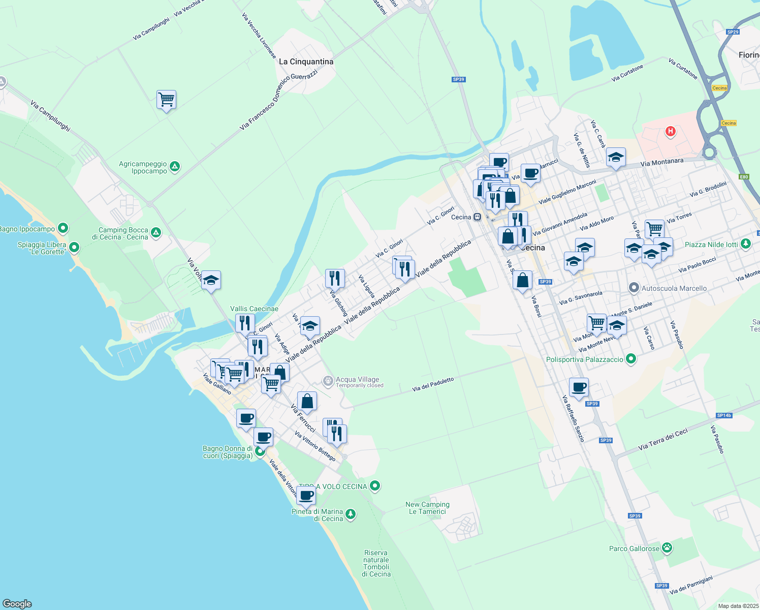 map of restaurants, bars, coffee shops, grocery stores, and more near 5 Via Terni in Cecina