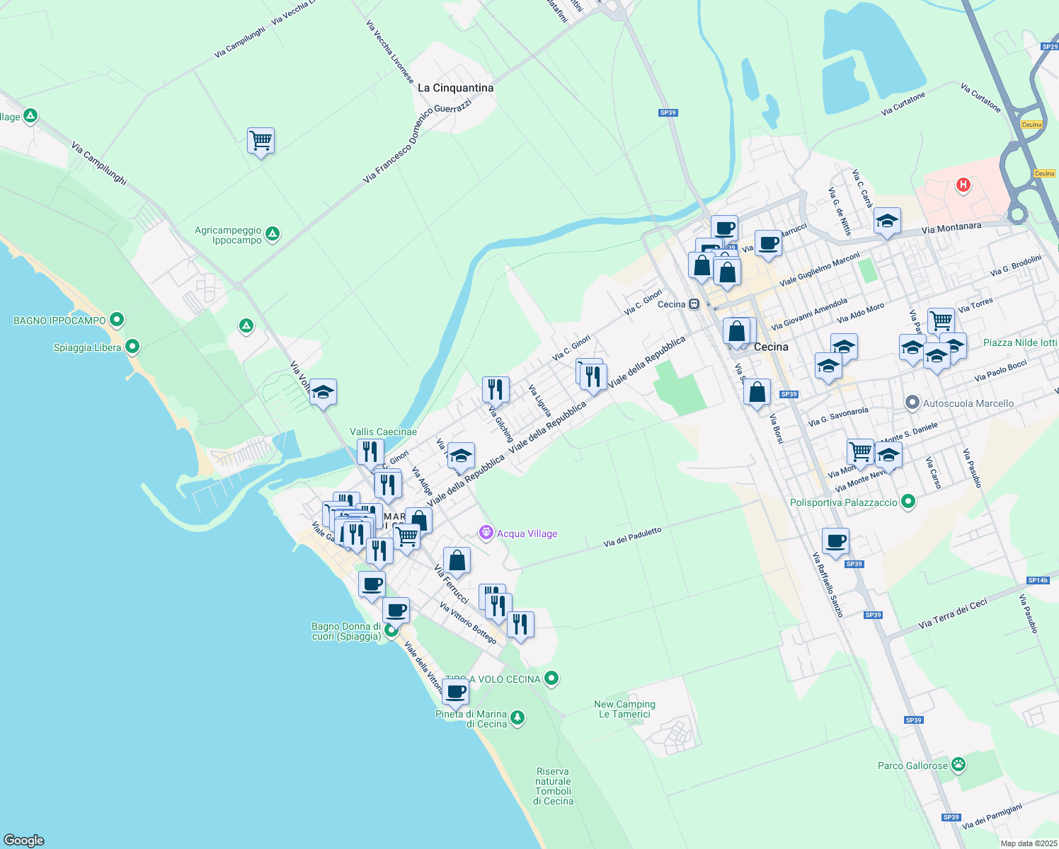 map of restaurants, bars, coffee shops, grocery stores, and more near 85-87 Viale della Repubblica in Cecina