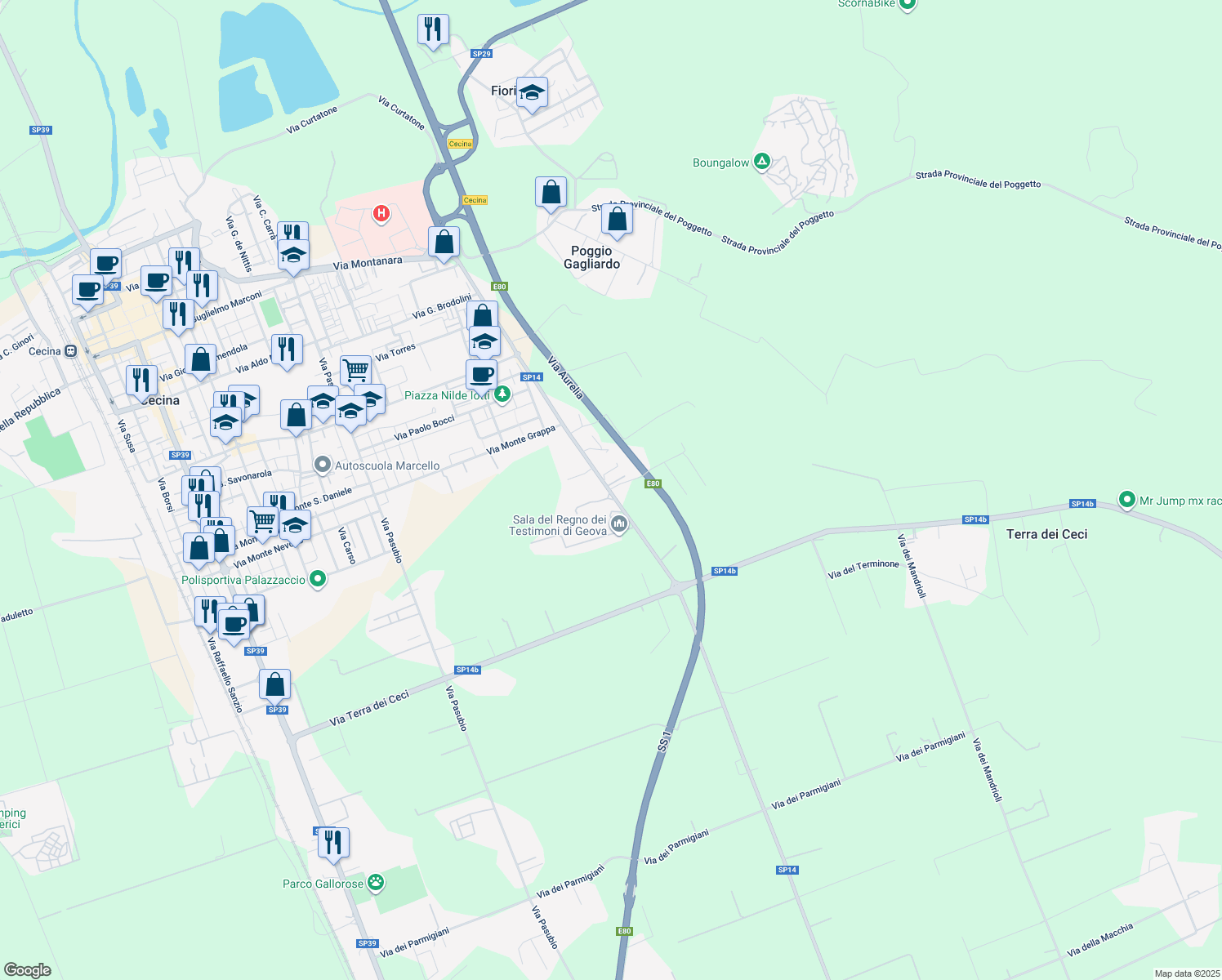 map of restaurants, bars, coffee shops, grocery stores, and more near 9 SP14 in Provincia di Livorno