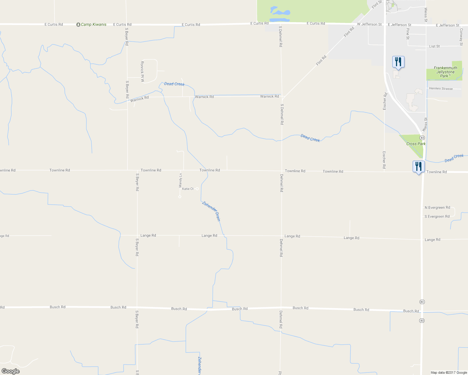 map of restaurants, bars, coffee shops, grocery stores, and more near 9710 Townline Road in Frankenmuth