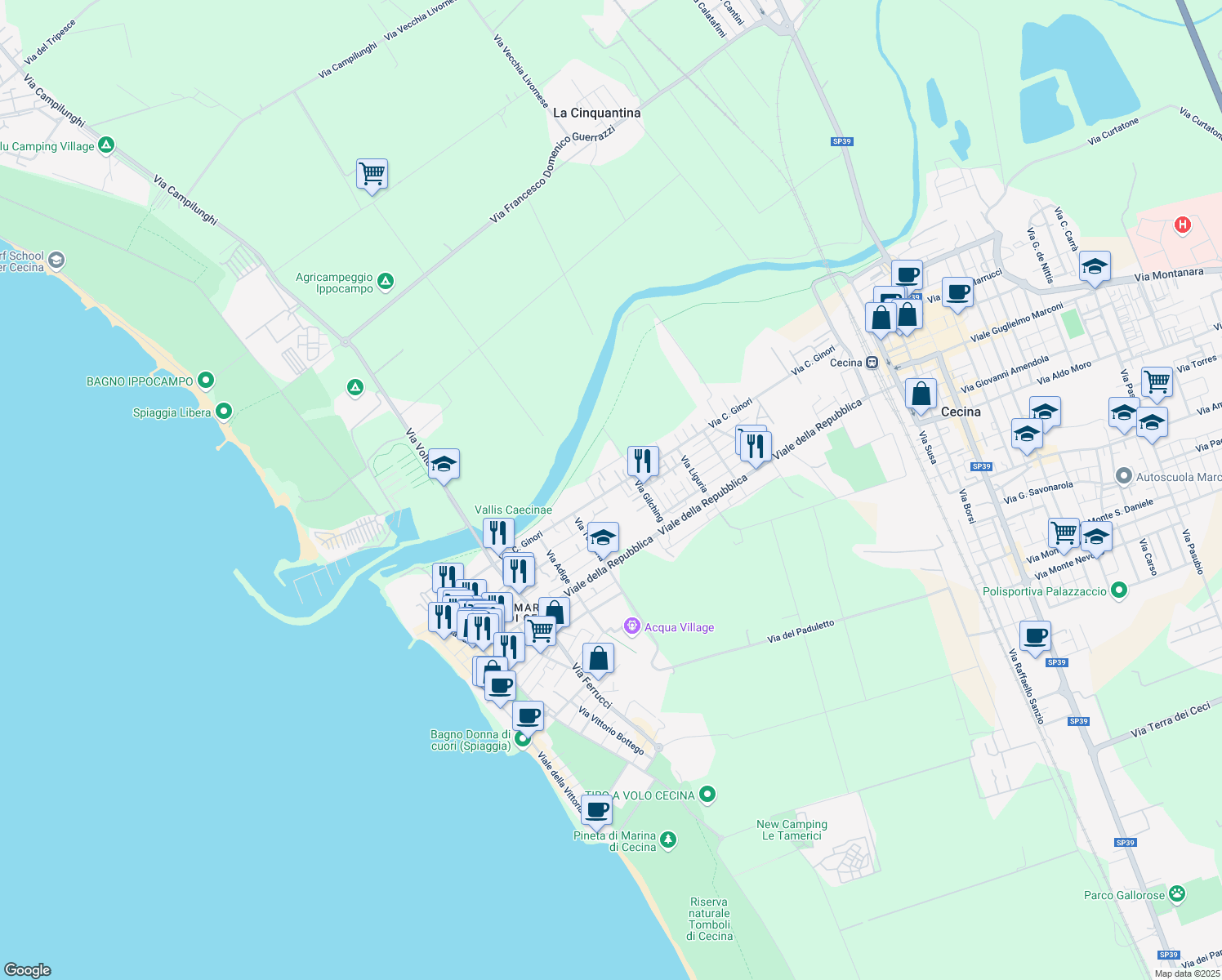 map of restaurants, bars, coffee shops, grocery stores, and more near 32 Via Carlo Ginori in Cecina
