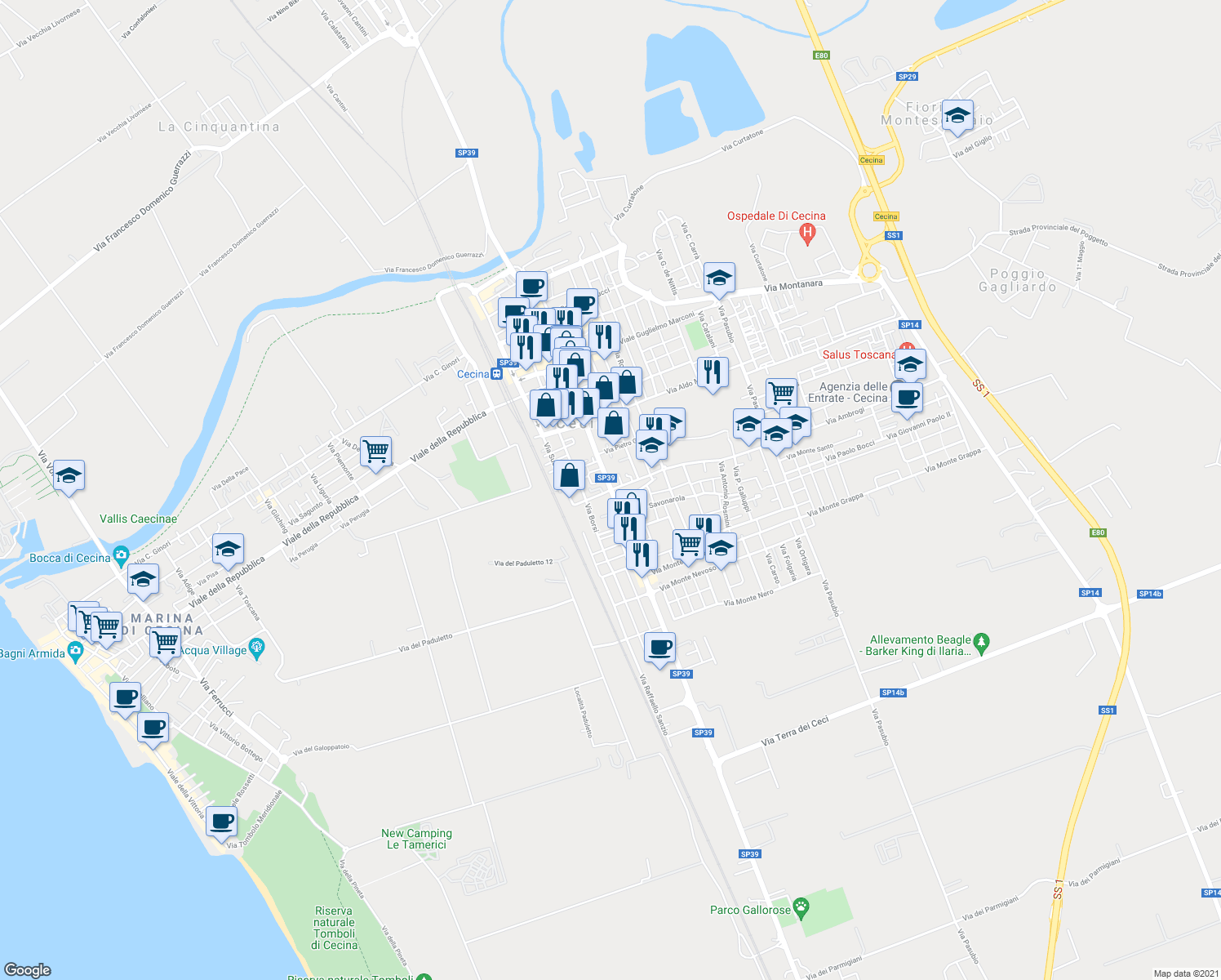 map of restaurants, bars, coffee shops, grocery stores, and more near 270 Via Tanaro in Cecina