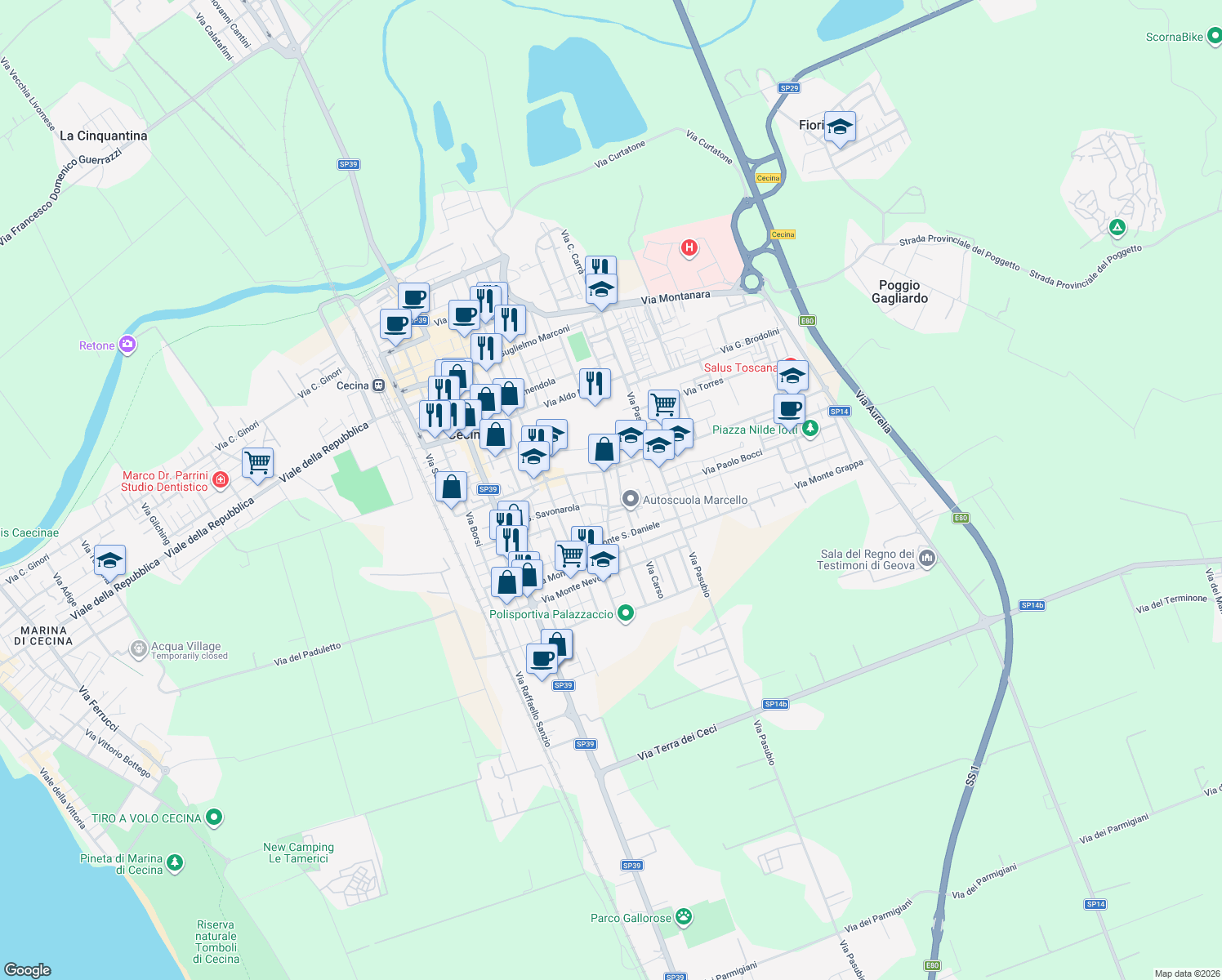 map of restaurants, bars, coffee shops, grocery stores, and more near 7 Via Antonio Rosmini in Cecina
