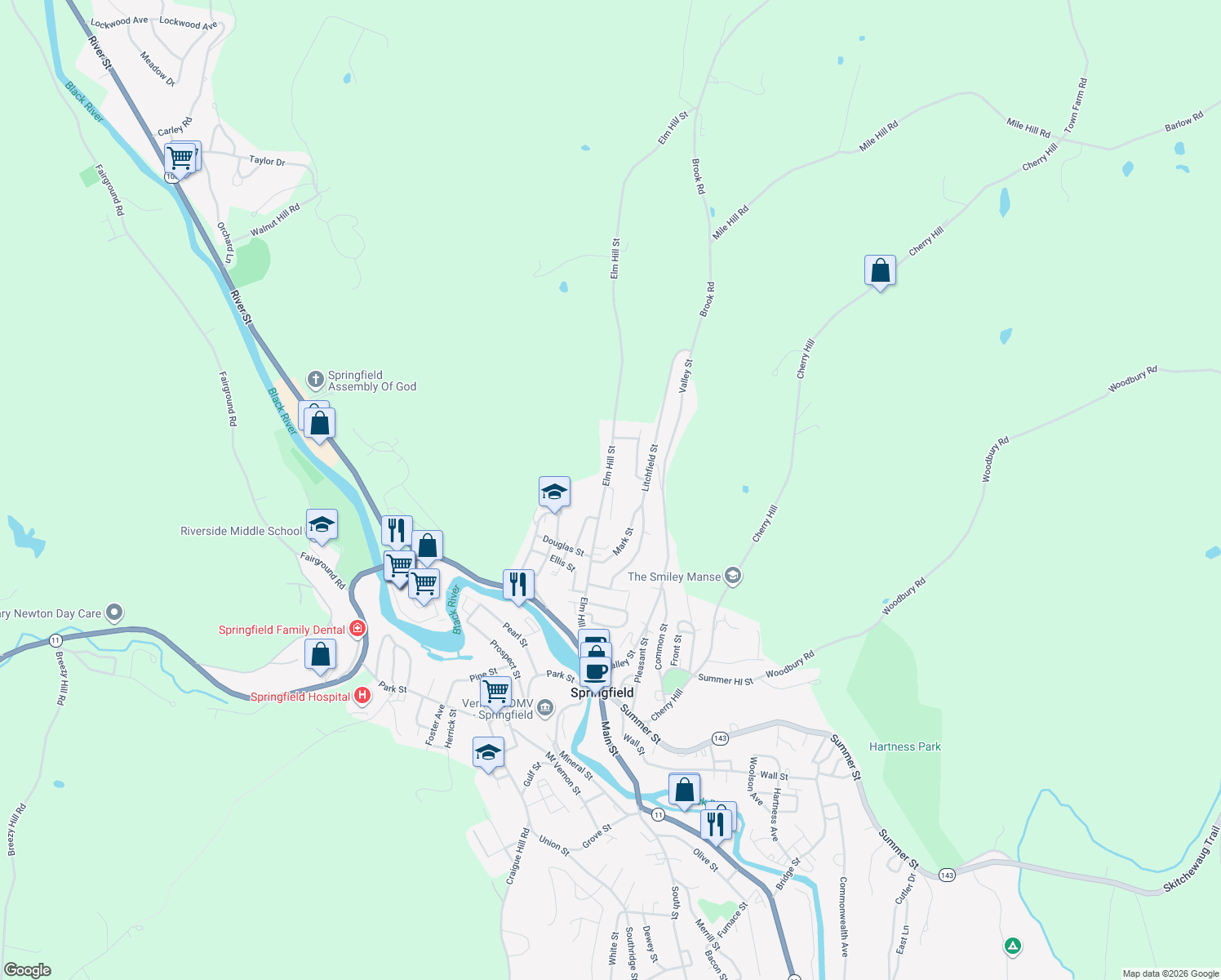 map of restaurants, bars, coffee shops, grocery stores, and more near 1 Hilltop Dr in Springfield