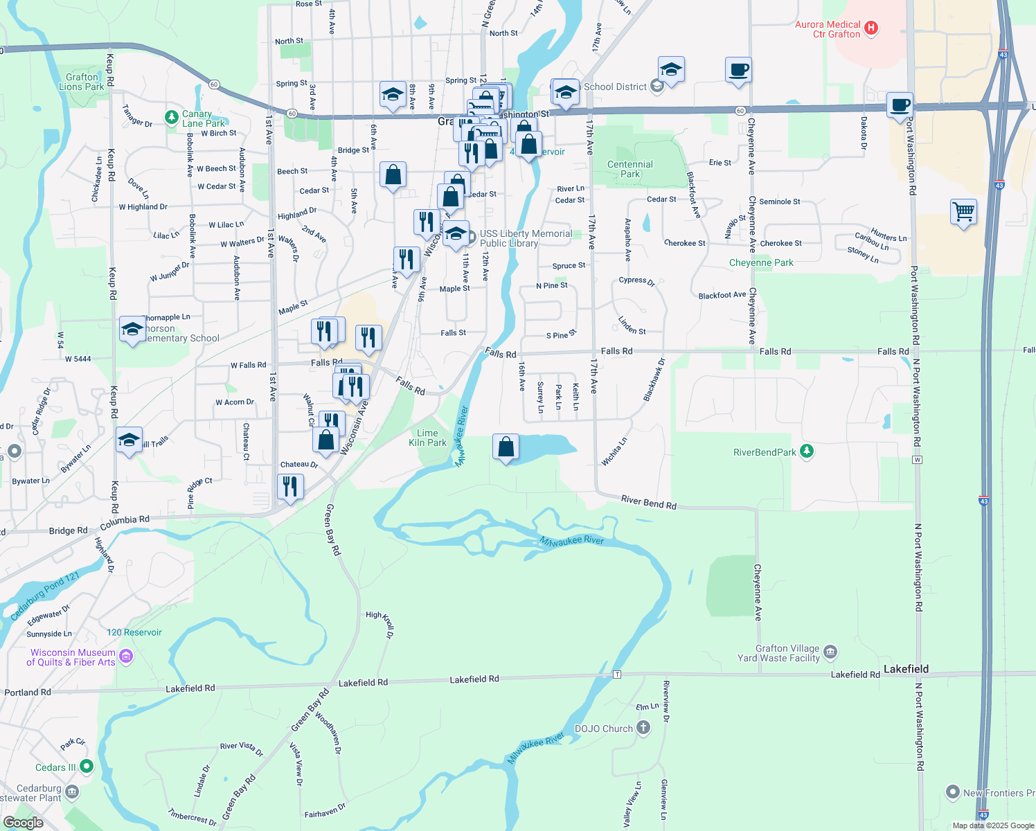 map of restaurants, bars, coffee shops, grocery stores, and more near 1961 16th Ave in Grafton
