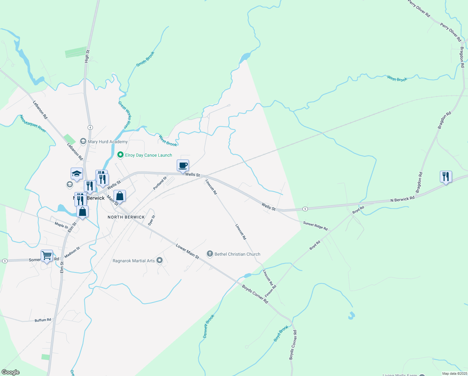 map of restaurants, bars, coffee shops, grocery stores, and more near 233 Wells Street in North Berwick