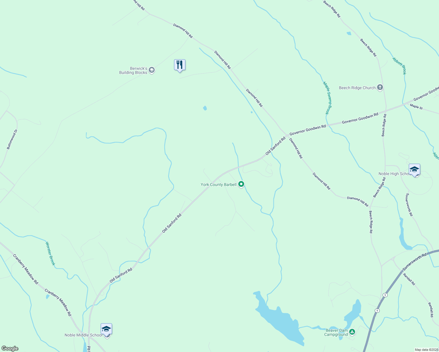 map of restaurants, bars, coffee shops, grocery stores, and more near 173 Old Sanford Road in Berwick