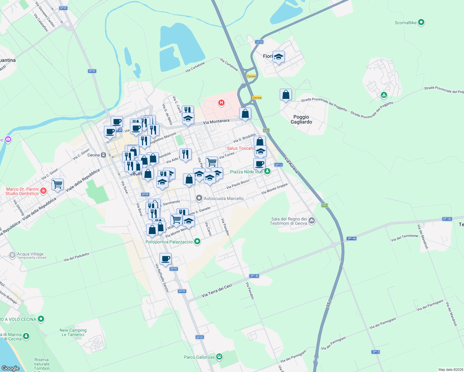 map of restaurants, bars, coffee shops, grocery stores, and more near 8 Via Ambrogi in Cecina