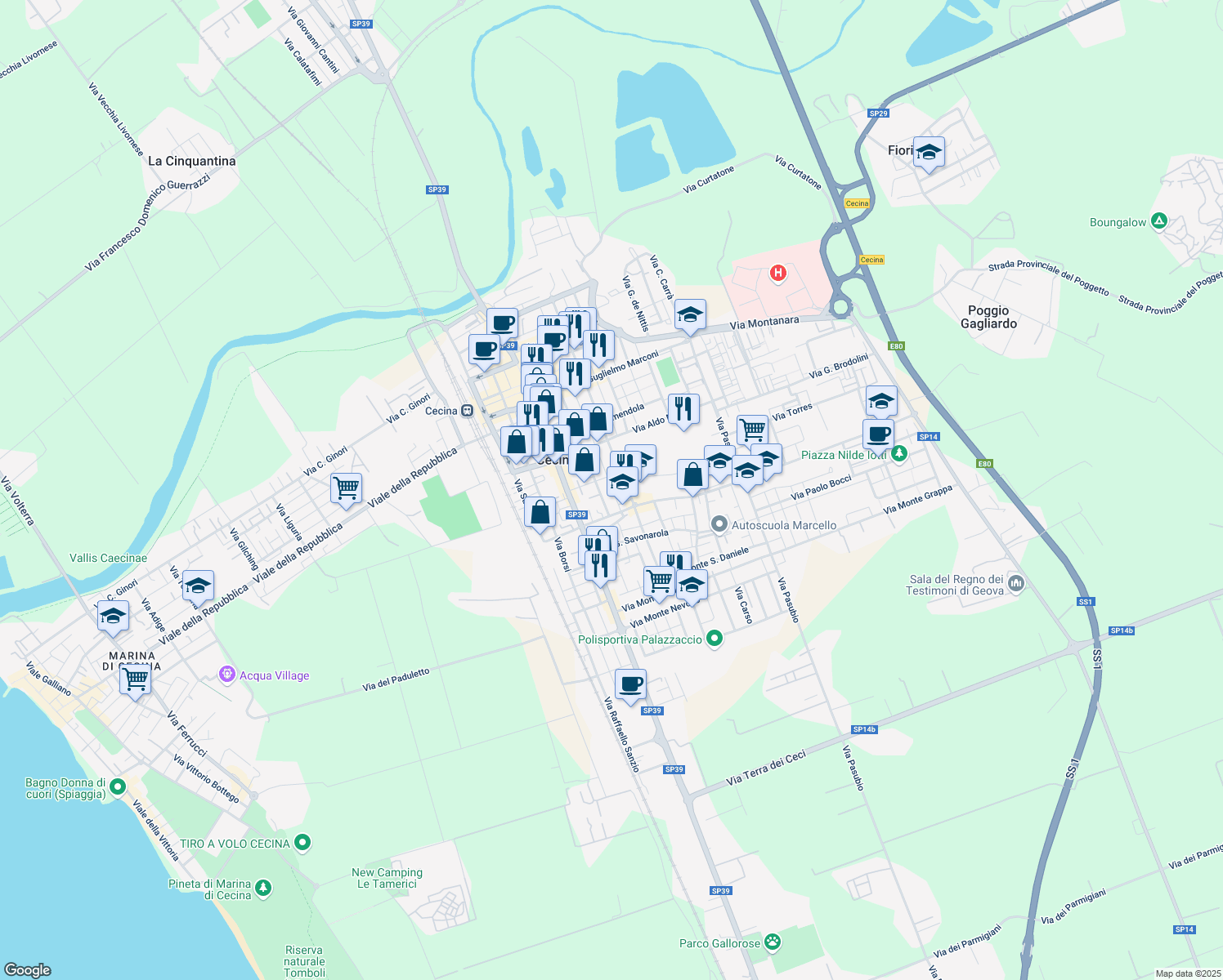map of restaurants, bars, coffee shops, grocery stores, and more near 24D Via Napoli in Cecina