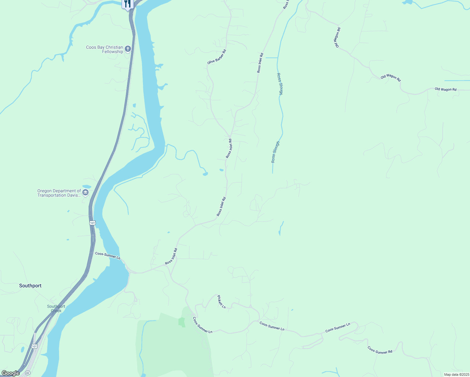 map of restaurants, bars, coffee shops, grocery stores, and more near 93903 Autumn Lane in Coos Bay