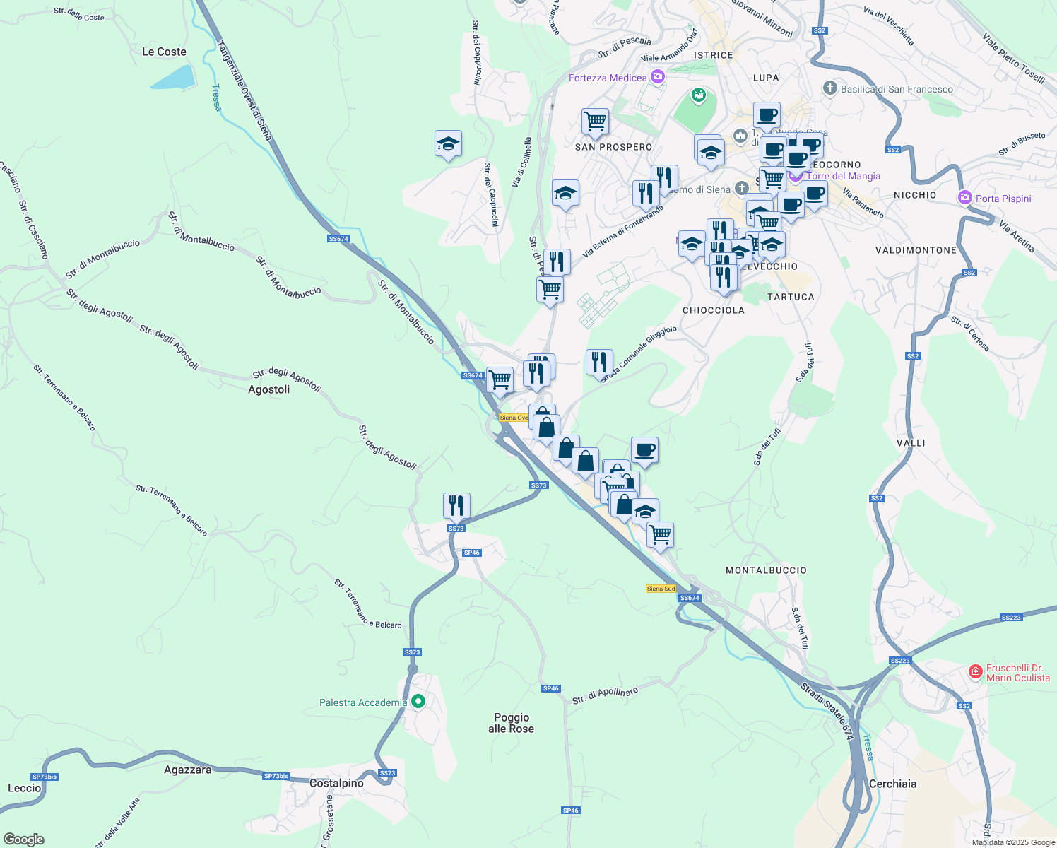 map of restaurants, bars, coffee shops, grocery stores, and more near 94 Via Massetana in Siena