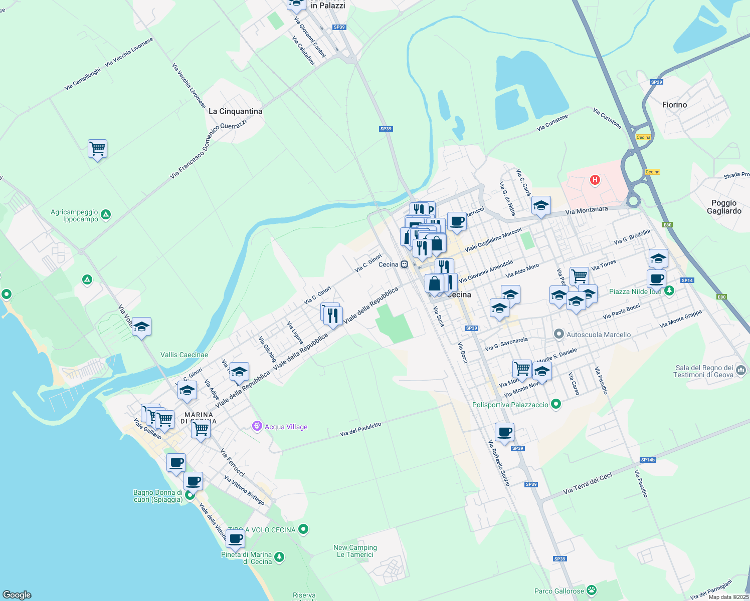 map of restaurants, bars, coffee shops, grocery stores, and more near 18 Viale della Repubblica in Cecina