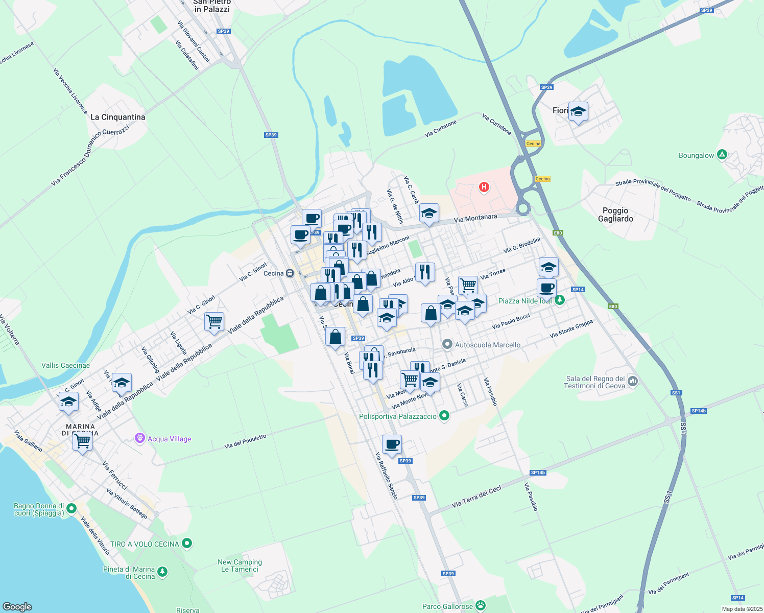 map of restaurants, bars, coffee shops, grocery stores, and more near 24D Via Napoli in Cecina