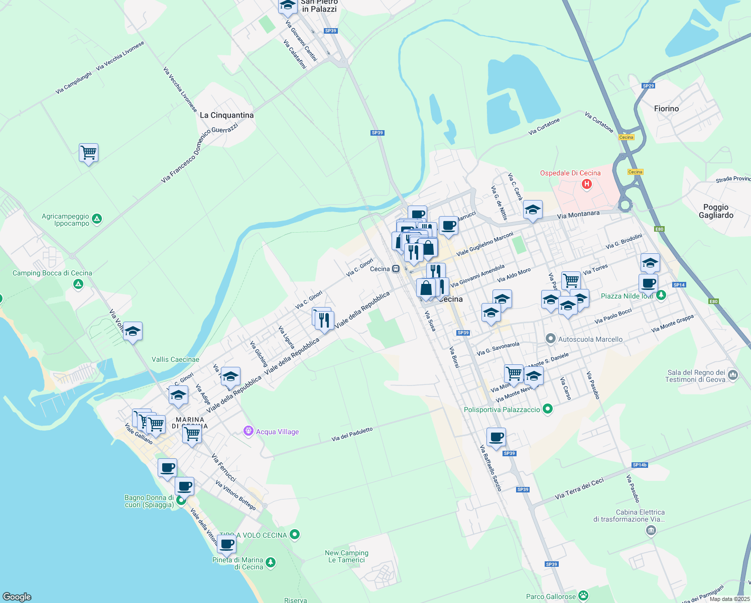map of restaurants, bars, coffee shops, grocery stores, and more near 18 Viale della Repubblica in Cecina
