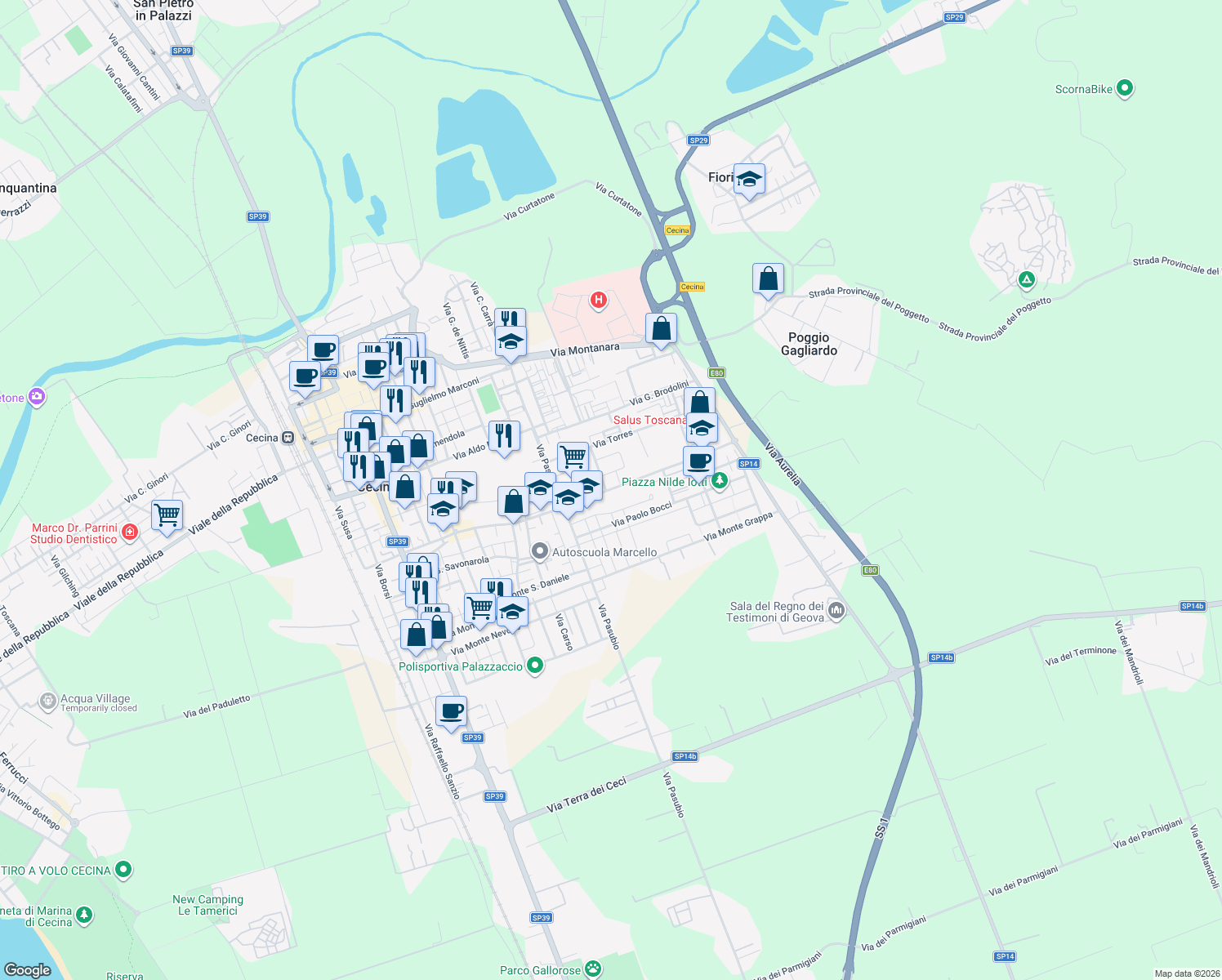 map of restaurants, bars, coffee shops, grocery stores, and more near 8 Via Ambrogi in Cecina
