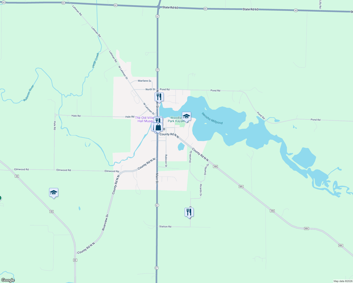 map of restaurants, bars, coffee shops, grocery stores, and more near 323 East Lehman Street in Neosho
