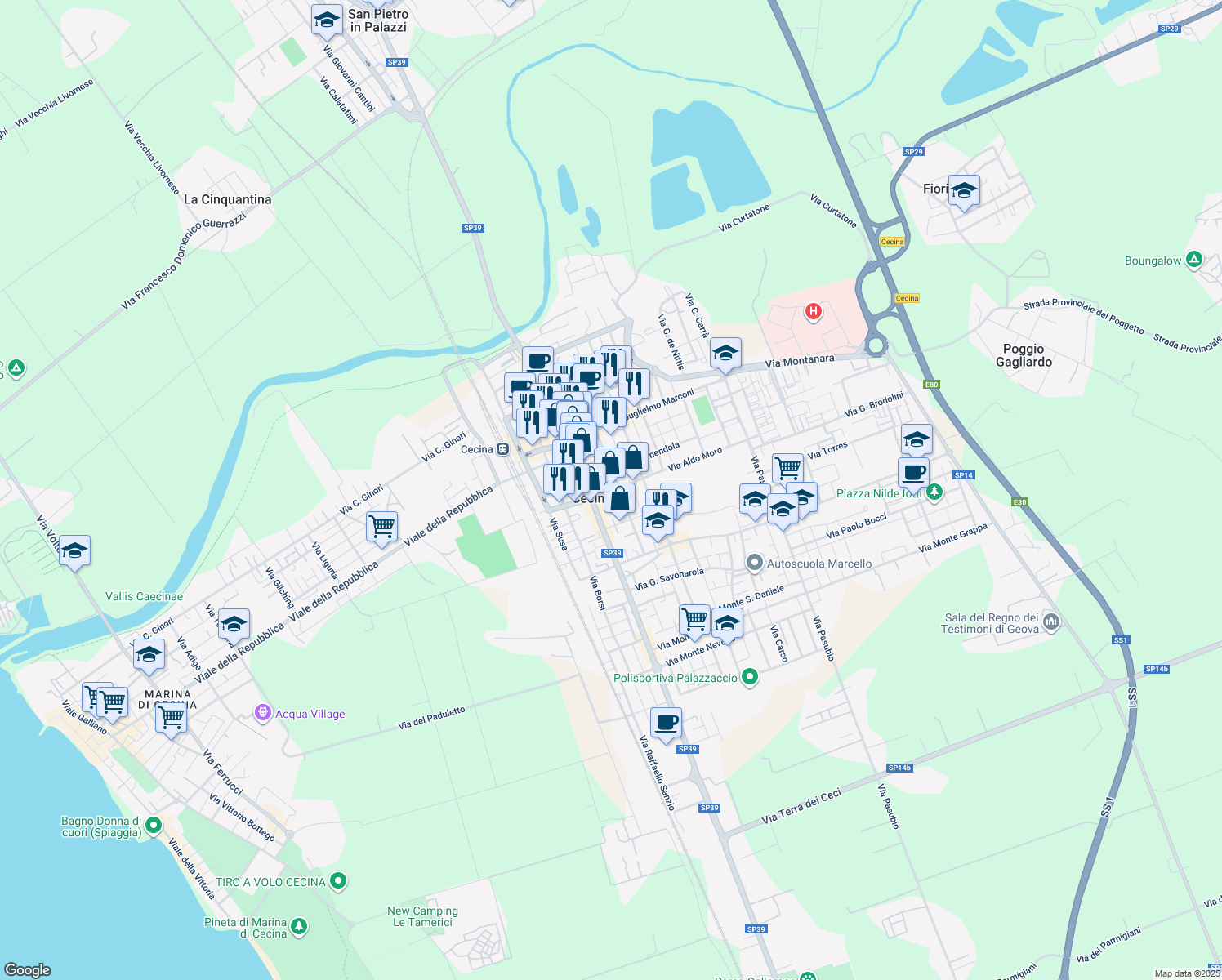 map of restaurants, bars, coffee shops, grocery stores, and more near 9 Via Giovanni Amendola in Cecina