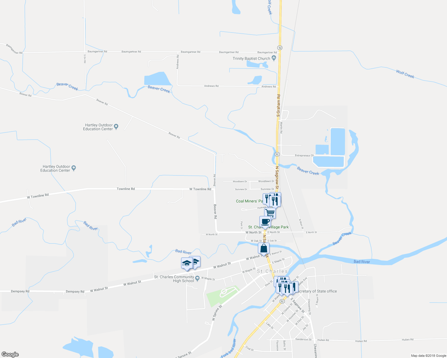 map of restaurants, bars, coffee shops, grocery stores, and more near 240 Woodlawn Drive in Saint Charles